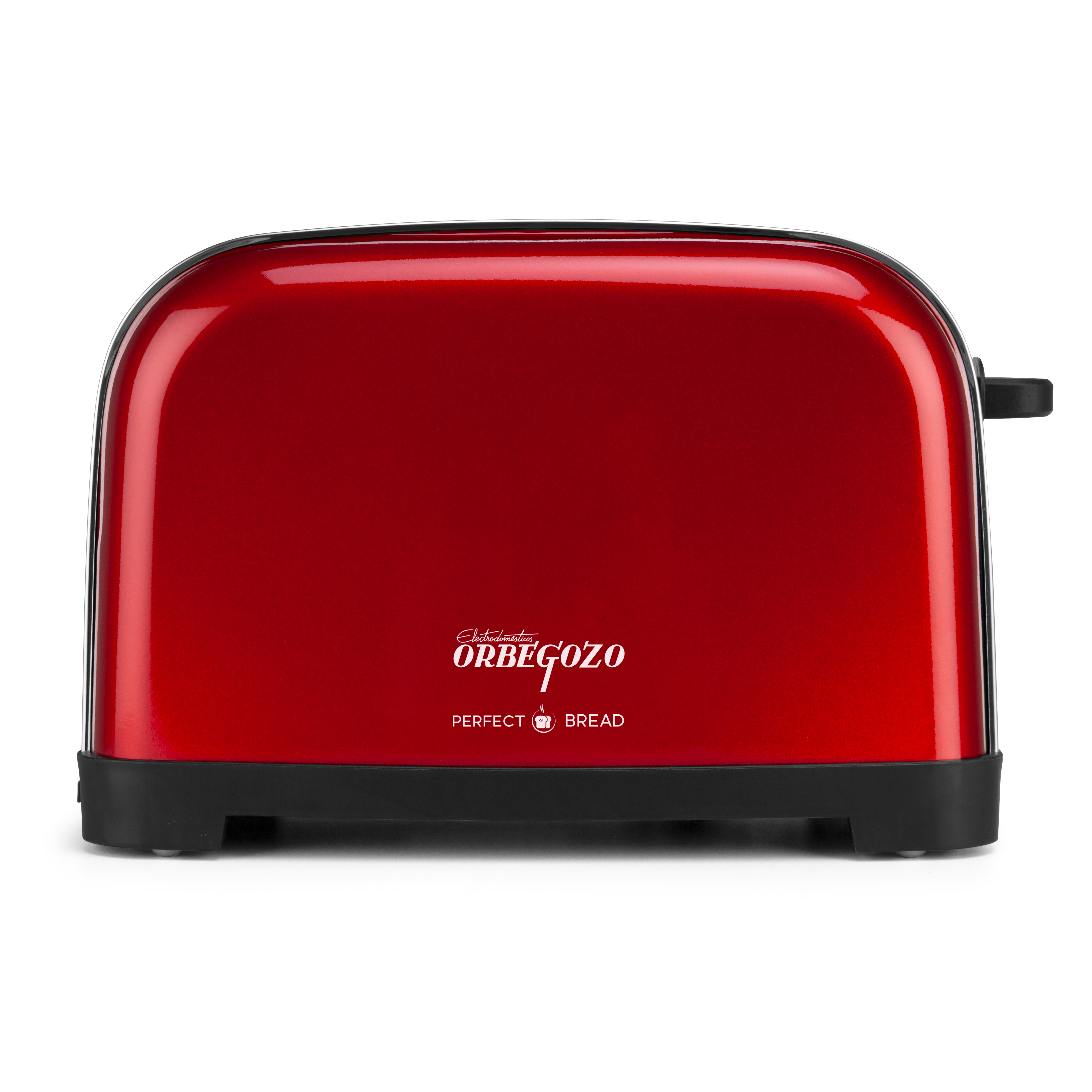 Tostapane rosso con base e manico neri, il testo anteriore recita 'Perfect Bread'.