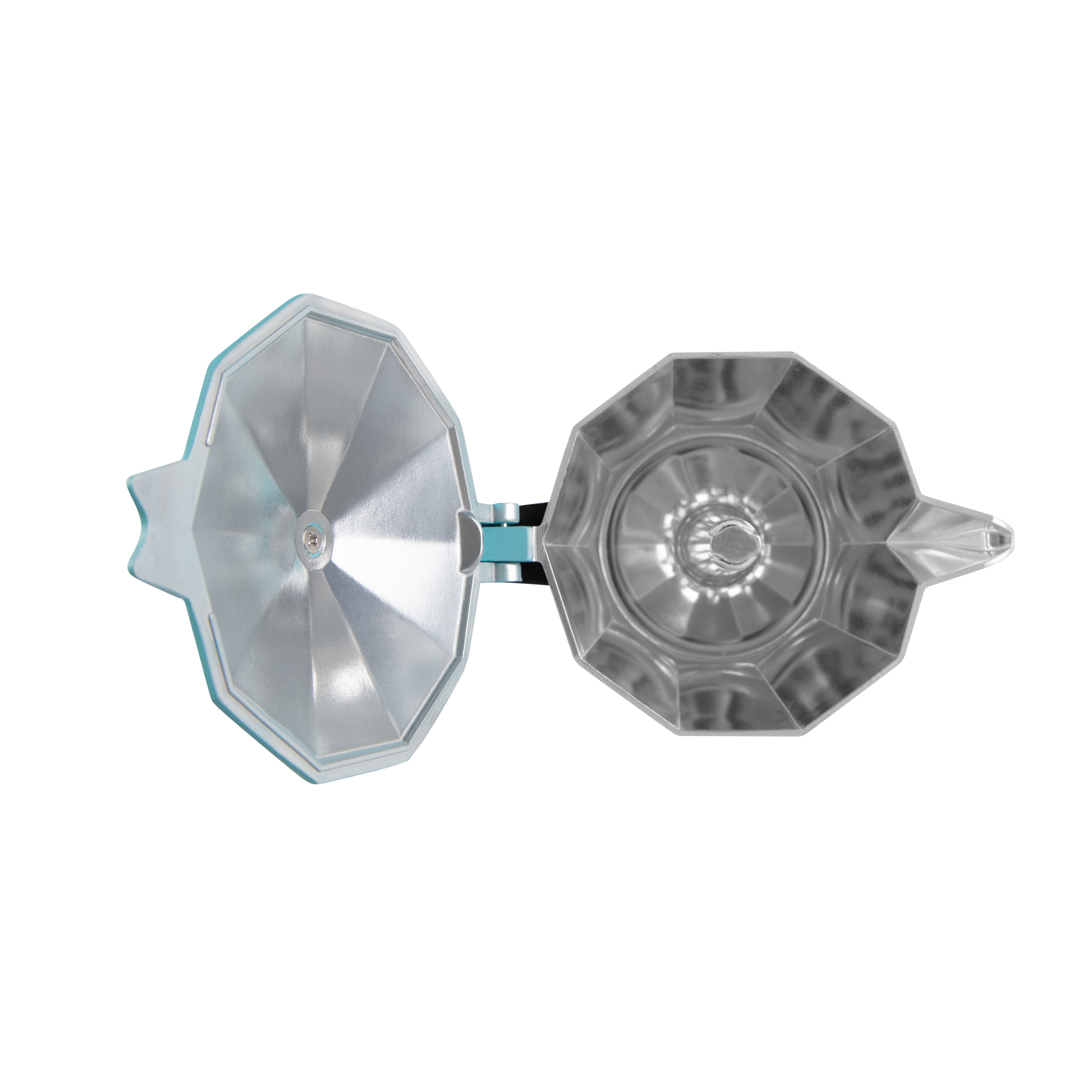 Widok z góry na srebrny i niebieski kawiarkę, otwarty.