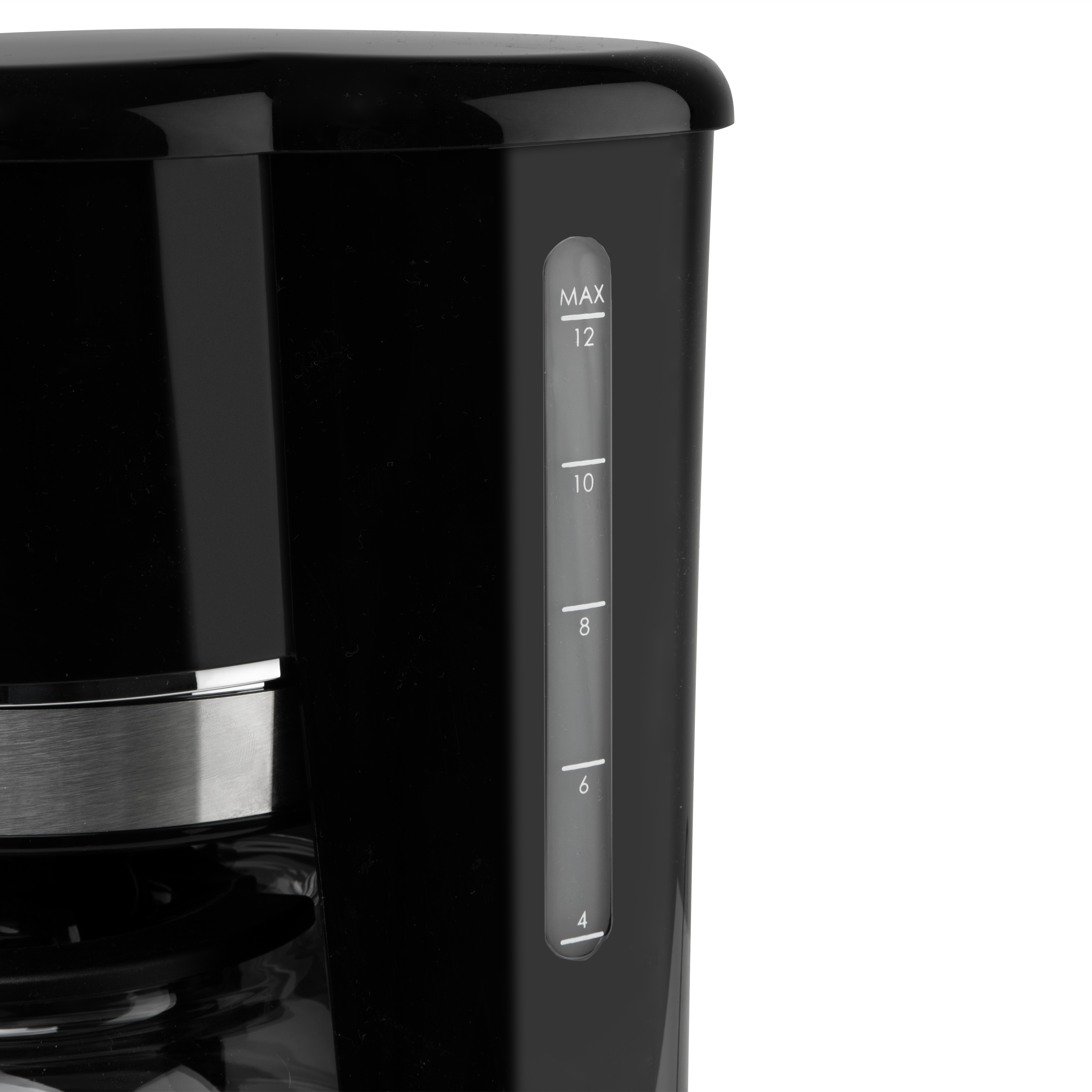 Primer plano de cafetera negra, indicador de nivel de agua.