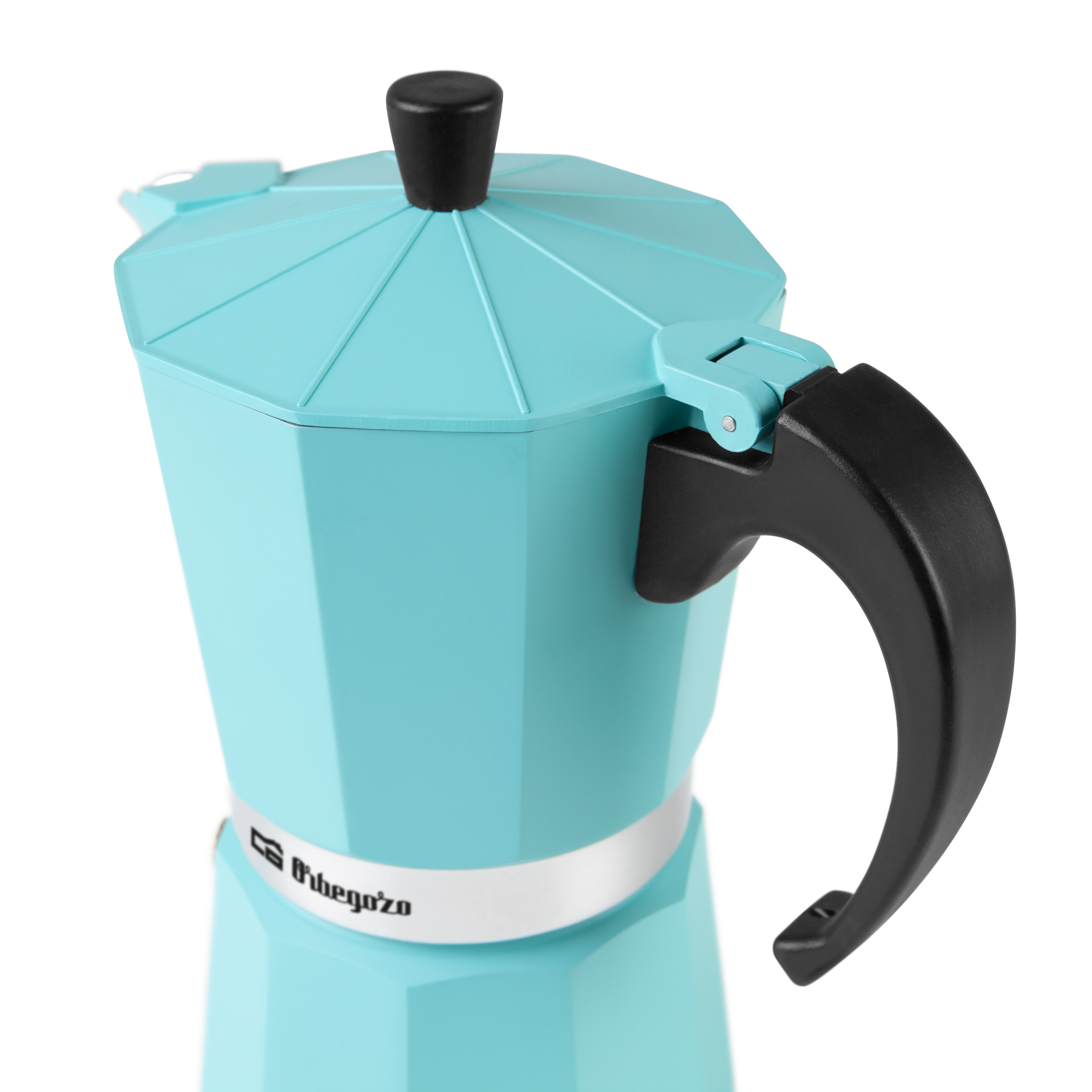 Jasnoniebieski ekspres do espresso z czarnym uchwytem, na białym tle. Etykieta z boku.