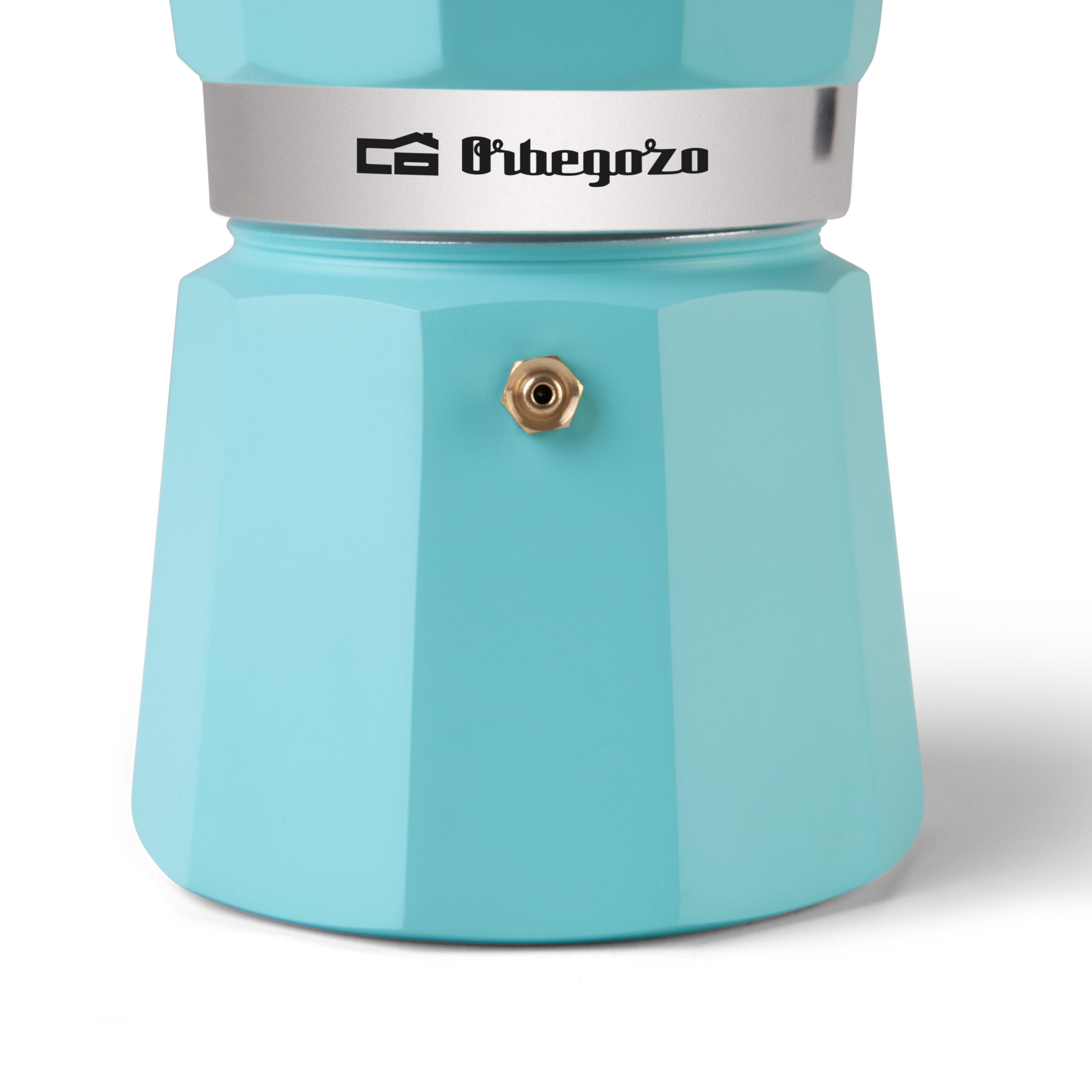 Turkusowy ekspres do kawy ze srebrnym paskiem i mosiężną dyszą.