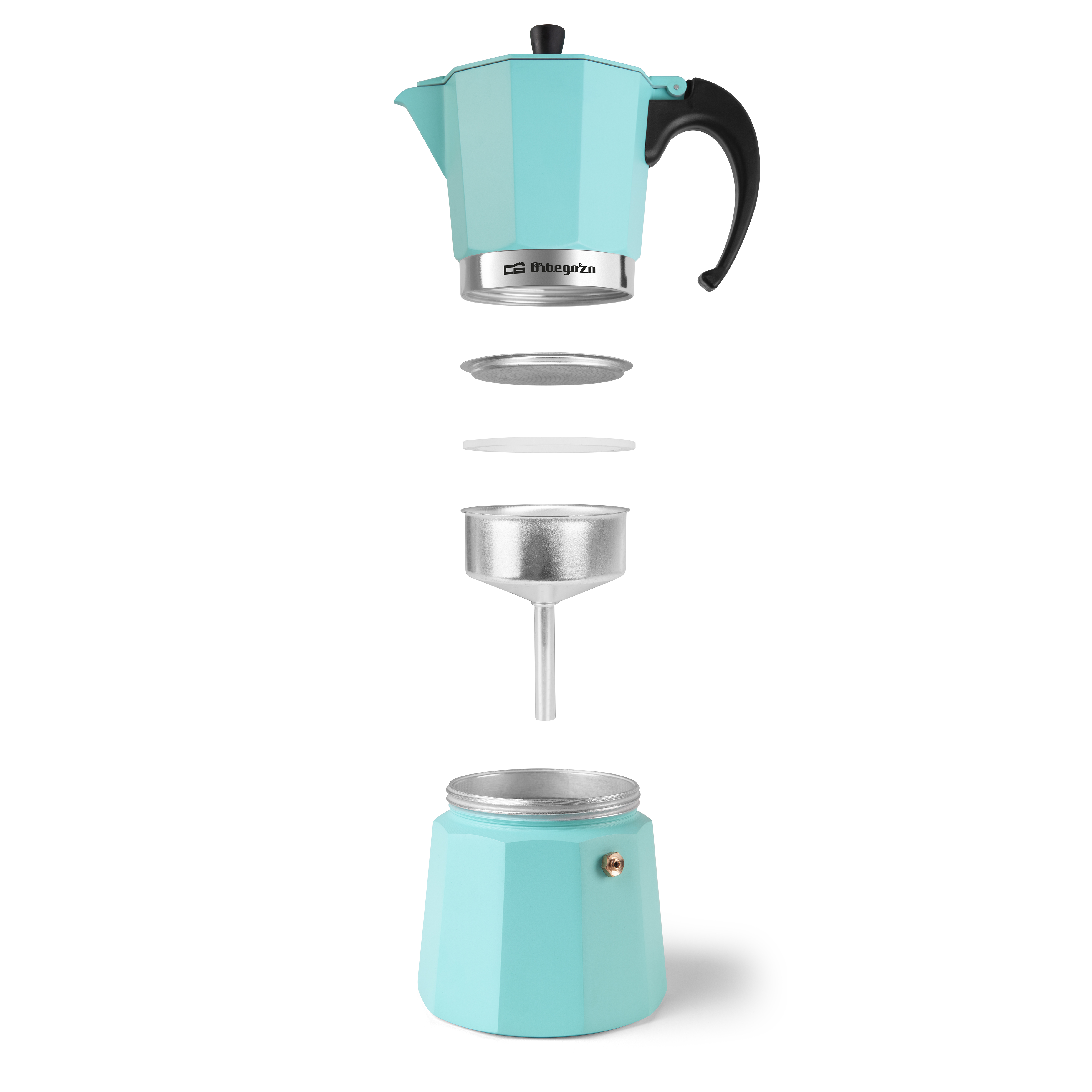 Rozebrany turkusowy ekspres do kawy, pokazujący części.