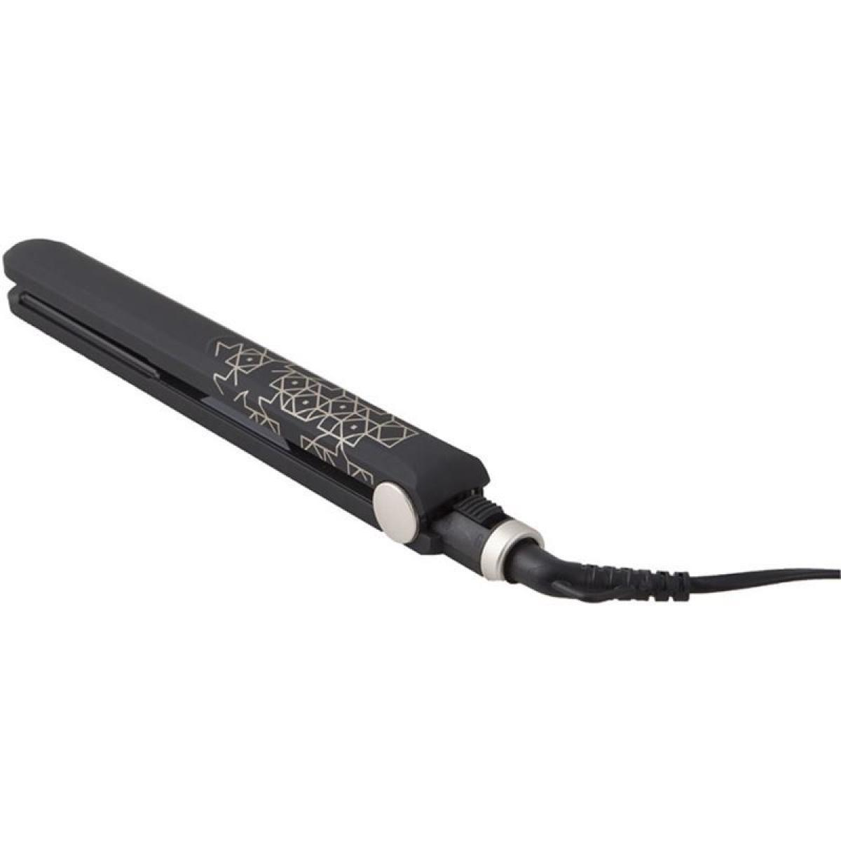 Plancha de pelo negra con patrón geométrico y cable.