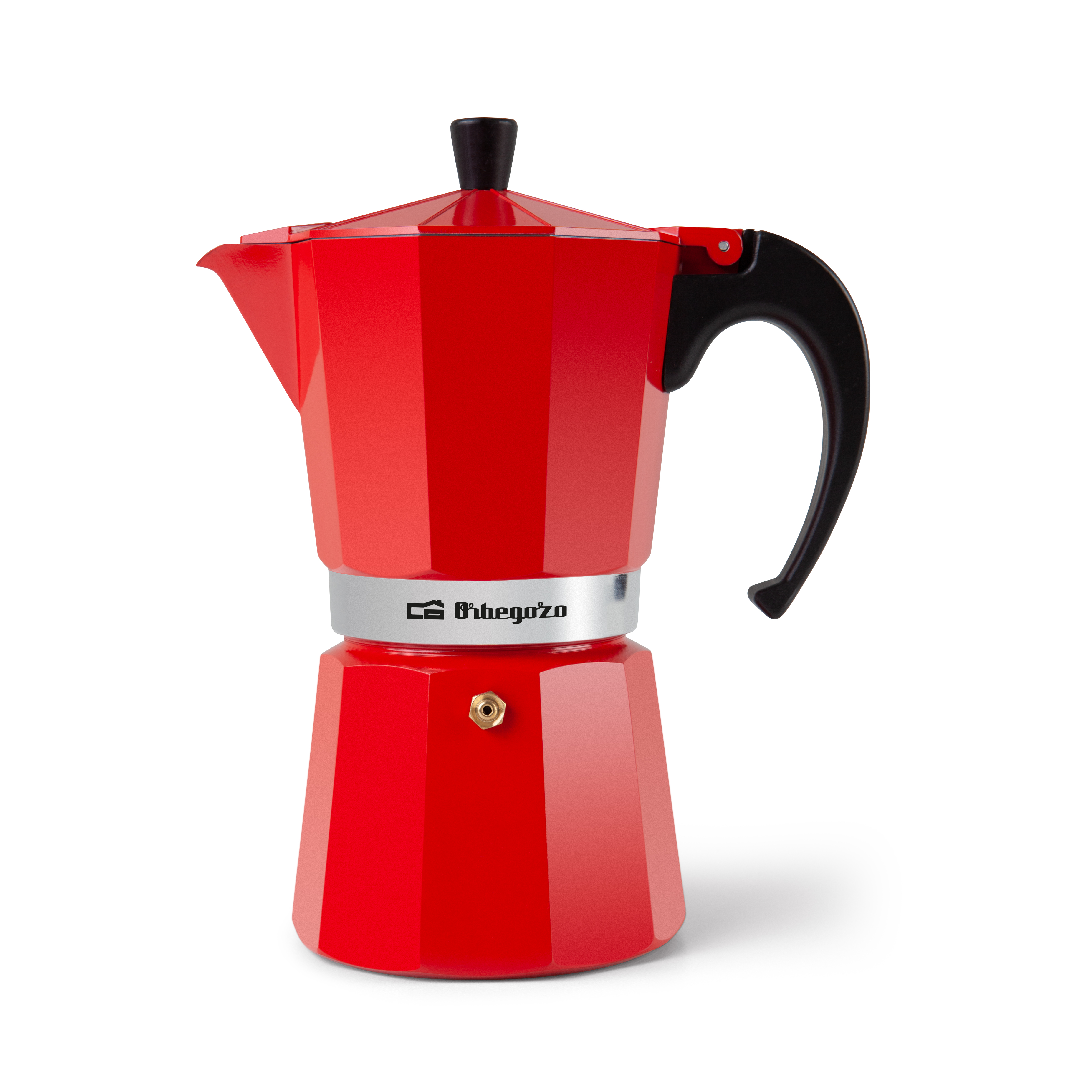 Czerwony ekspres do espresso na kuchenkę, z czarnym uchwytem i górą, na białym tle.