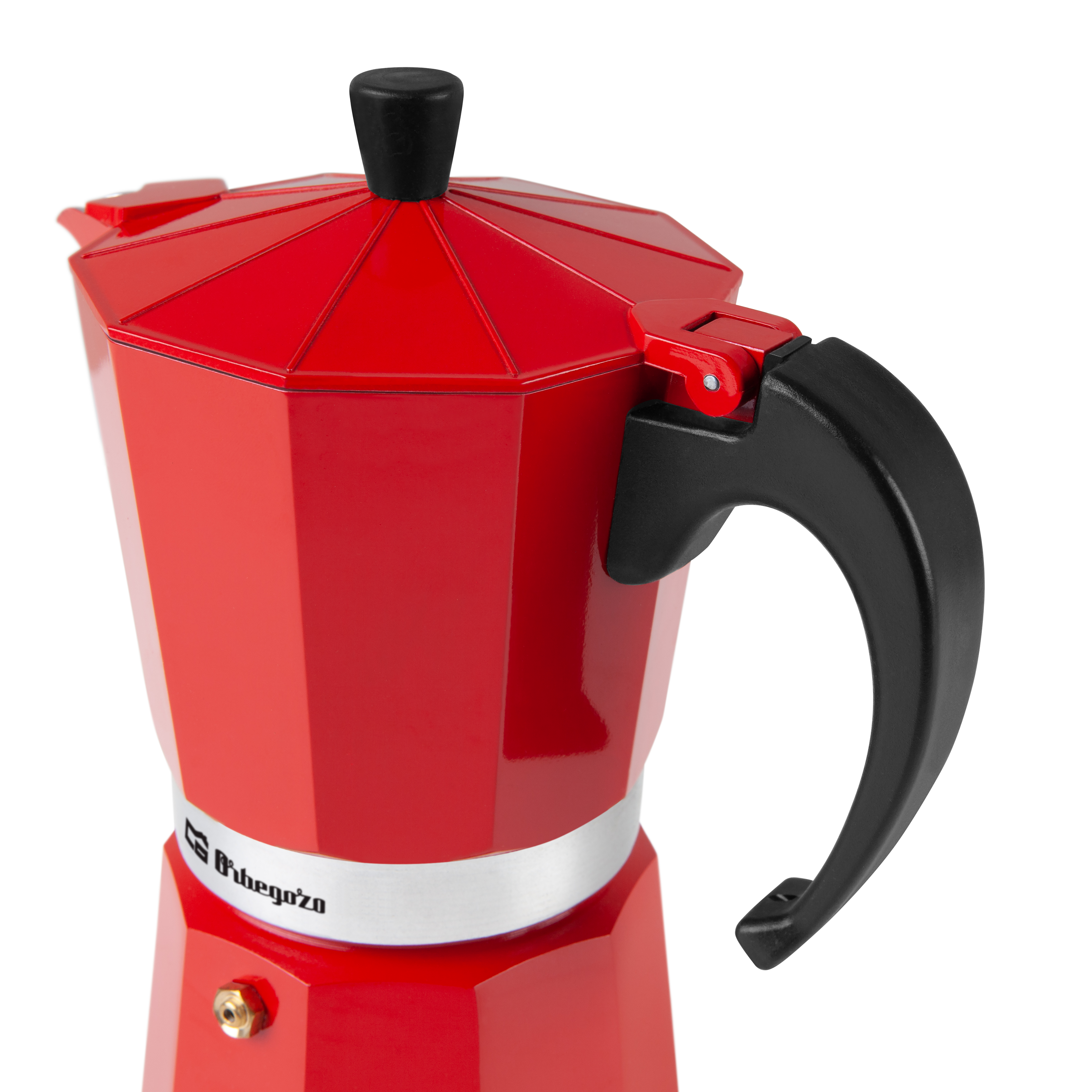 Pokazany jest czerwony ekspres do kawy. Uchwyt jest czarny.