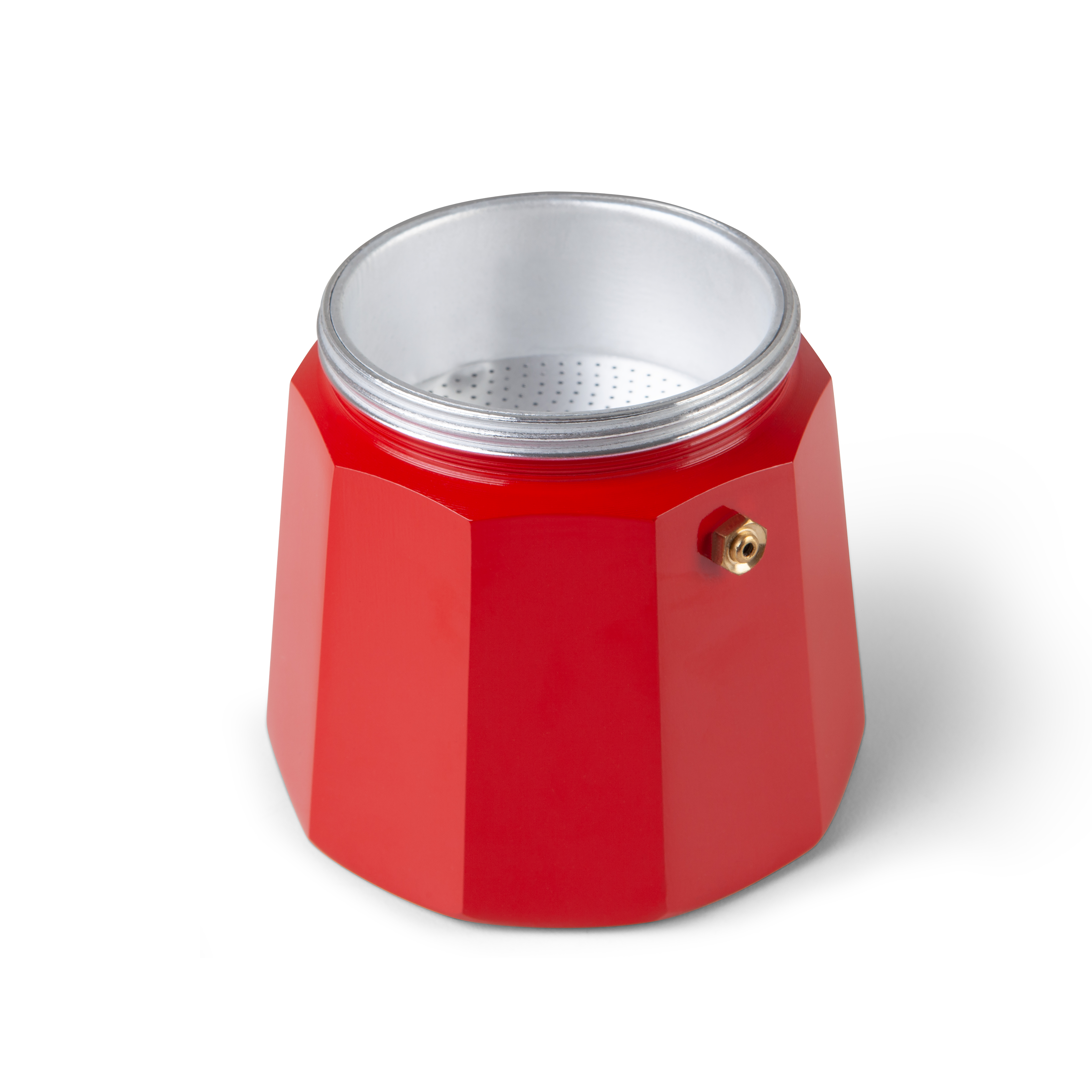 Czerwona, otwarta, ośmiokątna podstawa ekspresu do kawy na białym tle. Srebrna obwódka.