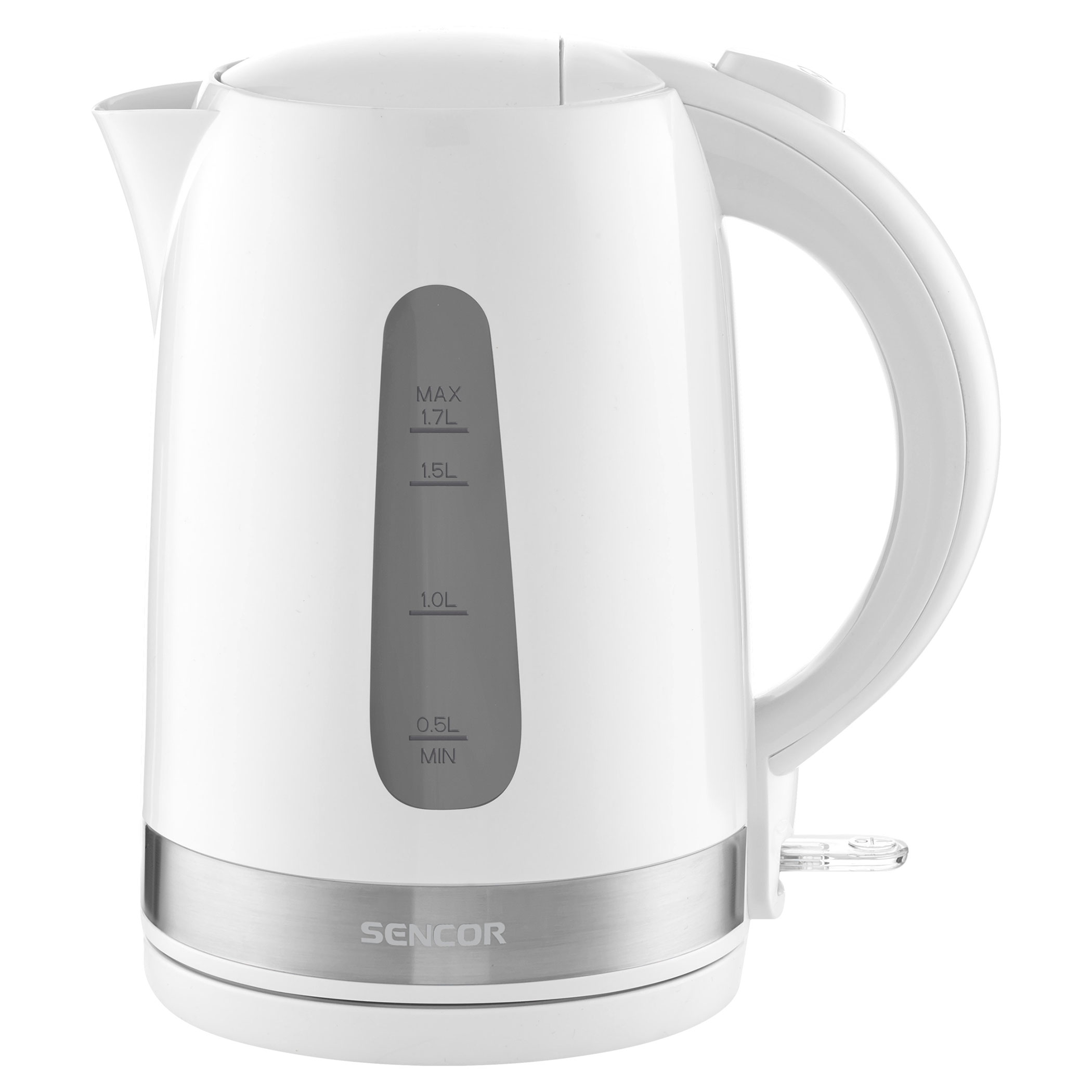 Un bollitore elettrico bianco con un indicatore trasparente del livello dell'acqua.