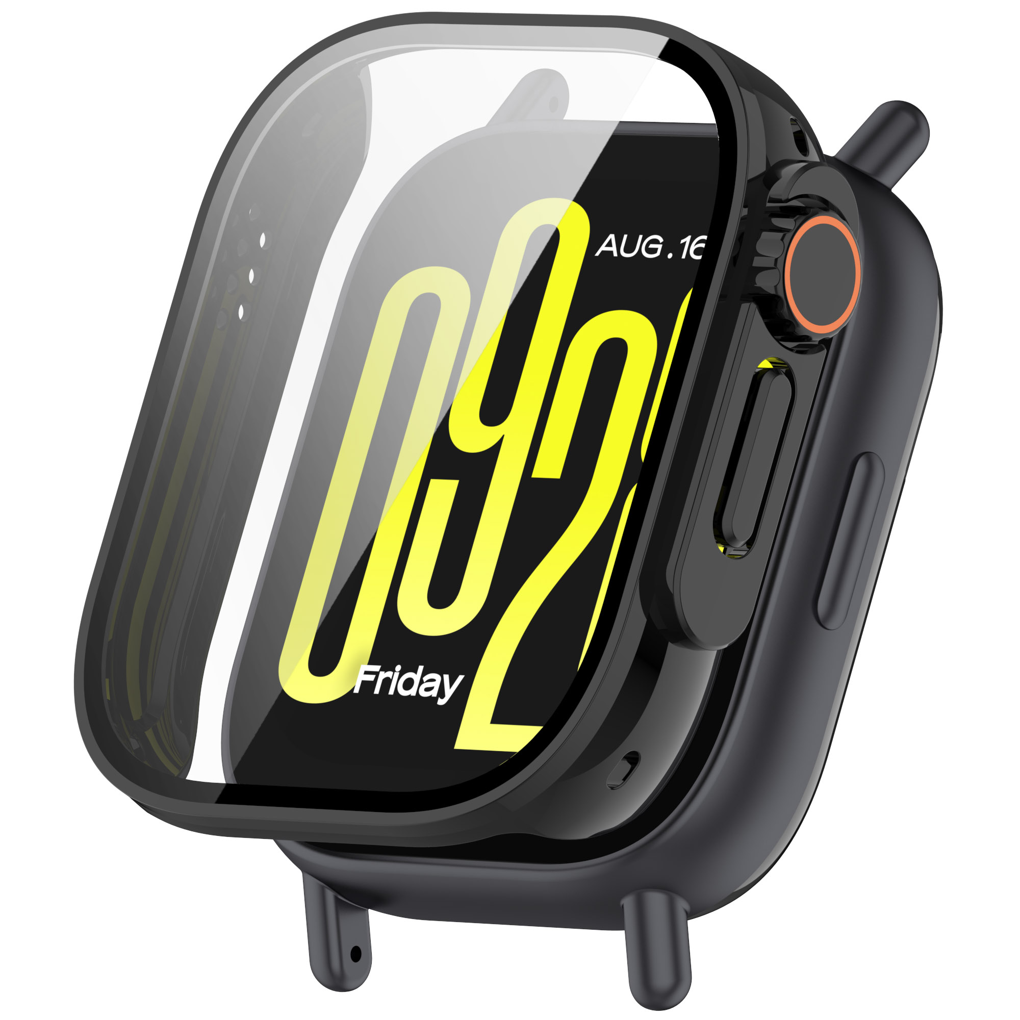 Smartwatch nera con cover trasparente, mostra ora e data.