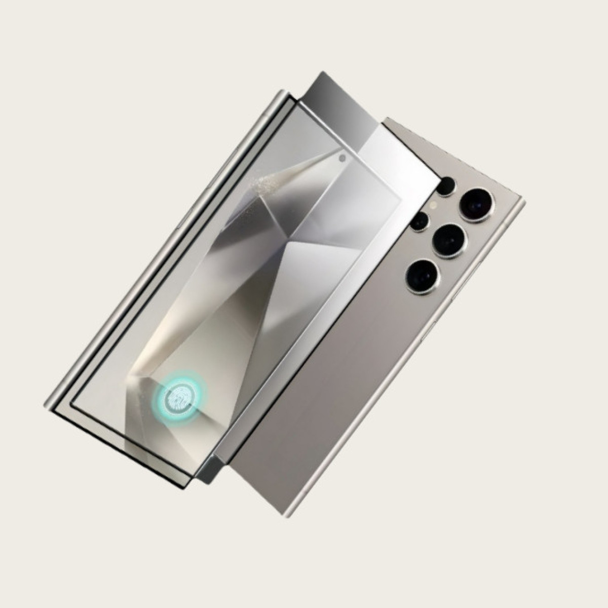 Telefono argentato con protezione schermo. Fotocamera posteriore visibile.