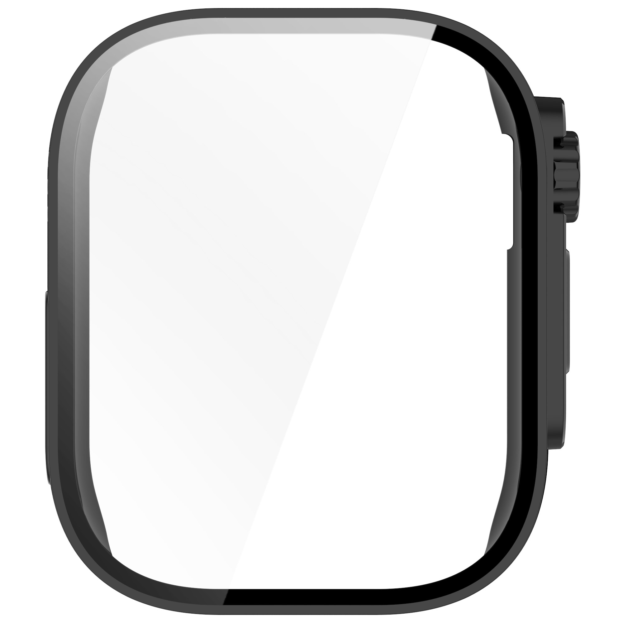 Una cassa per orologio nera con una protezione per lo schermo trasparente. Ha una forma quadrata con angoli arrotondati.