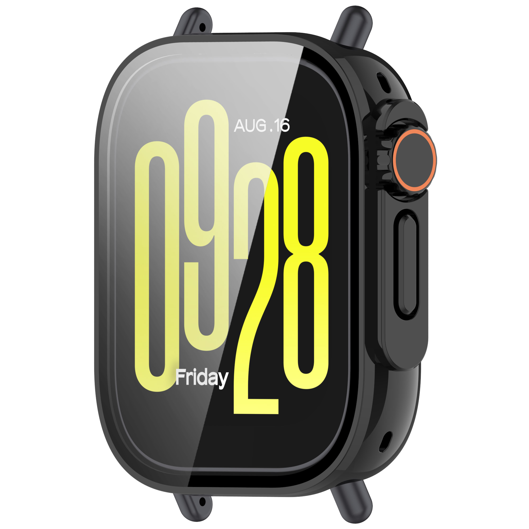 Uno smartwatch nero con un display digitale che mostra la data e l'ora, sfondo bianco.