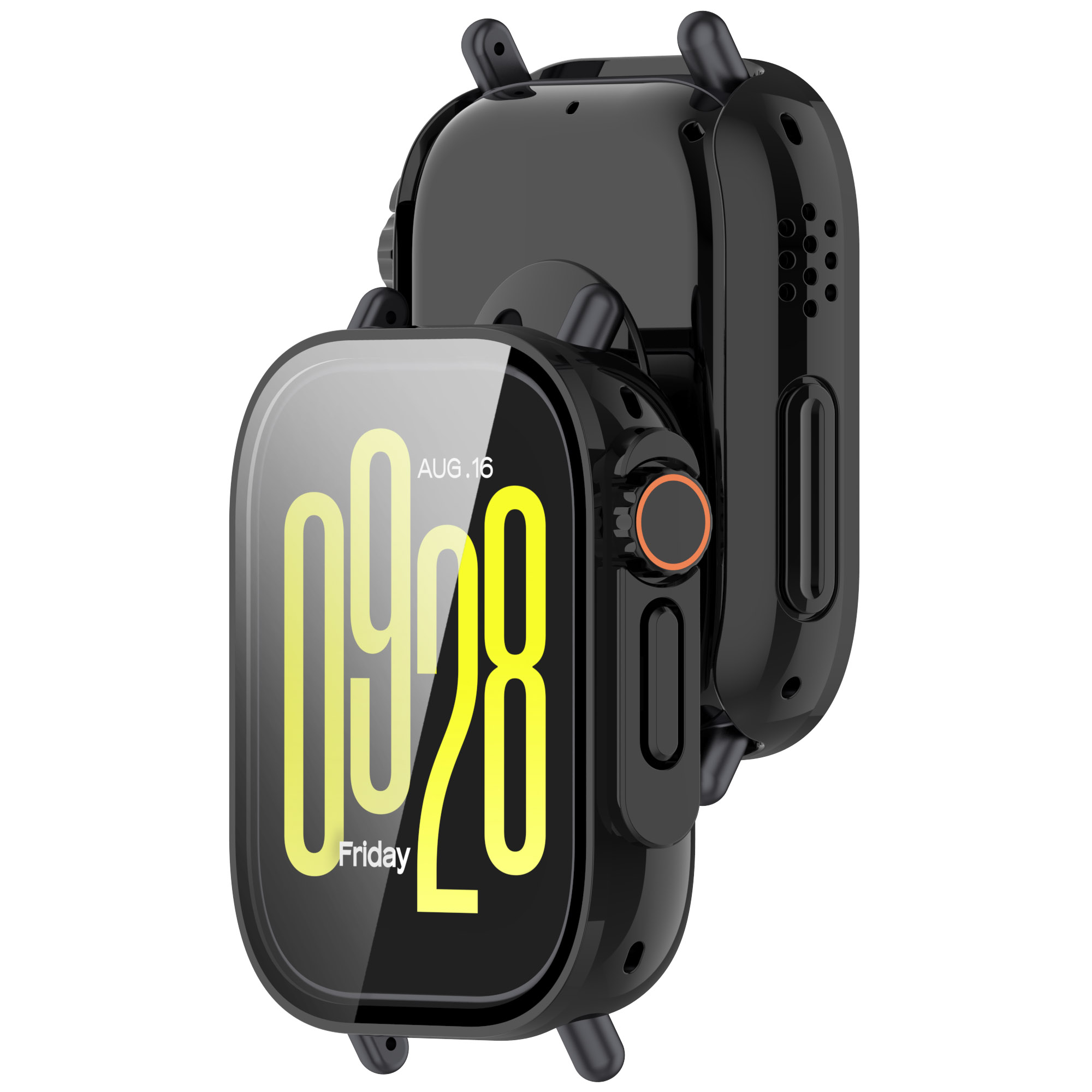 Smartwatch nero con schermo rotondo che mostra l'ora. Lunetta girevole e pulsante laterale visibili.