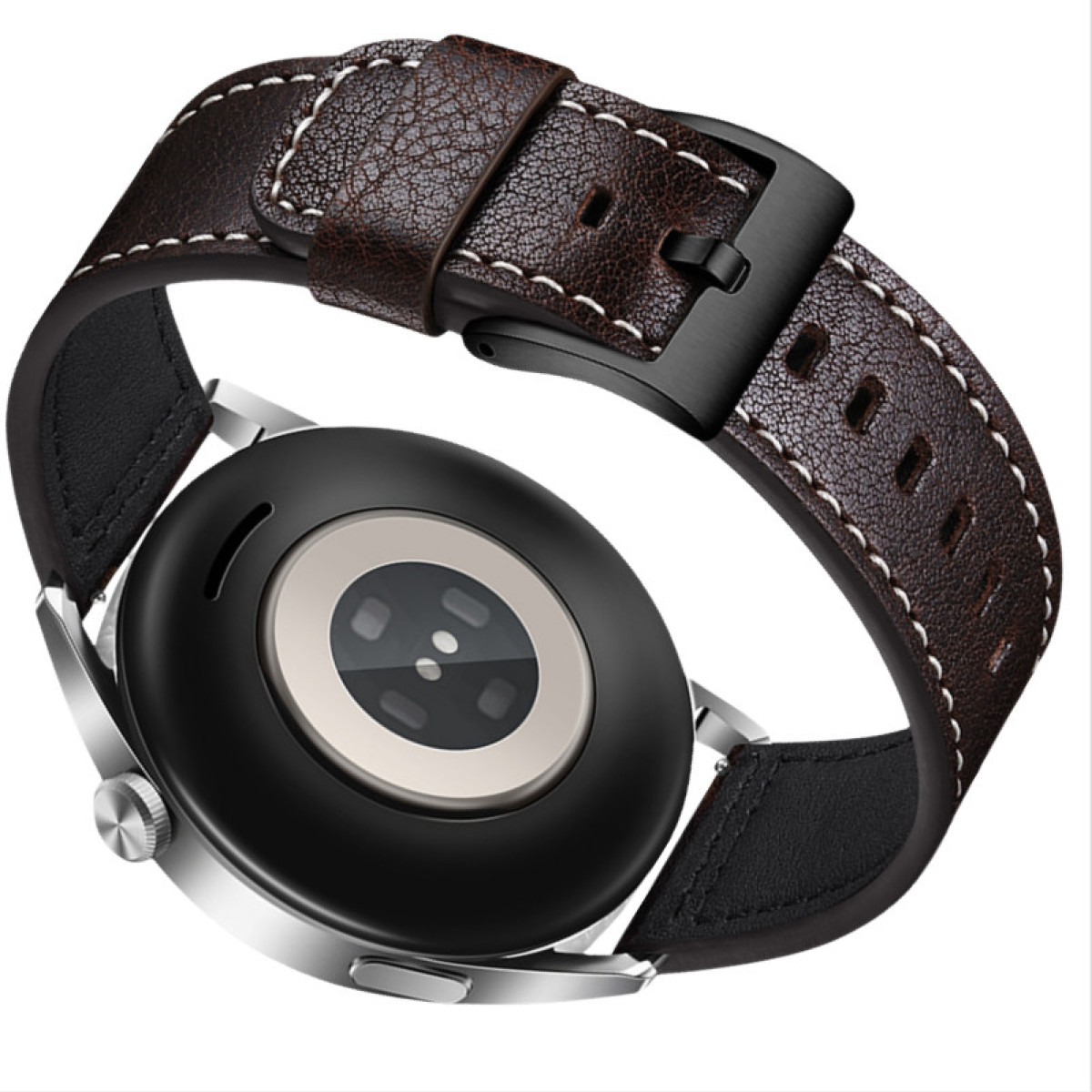 Uno smartwatch con cinturino in pelle marrone e fibbia nera. L'orologio è argentato e nero.