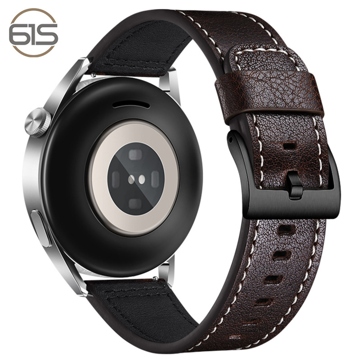 Smartwatch con cinturino in pelle marrone e fibbia nera. Il retro dell'orologio è visibile.