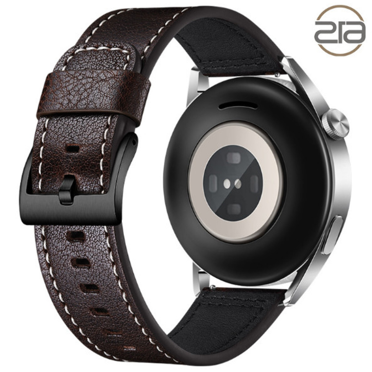 Smartwatch con cinturino in pelle scura, che mostra il lato inferiore con il sensore di frequenza cardiaca.