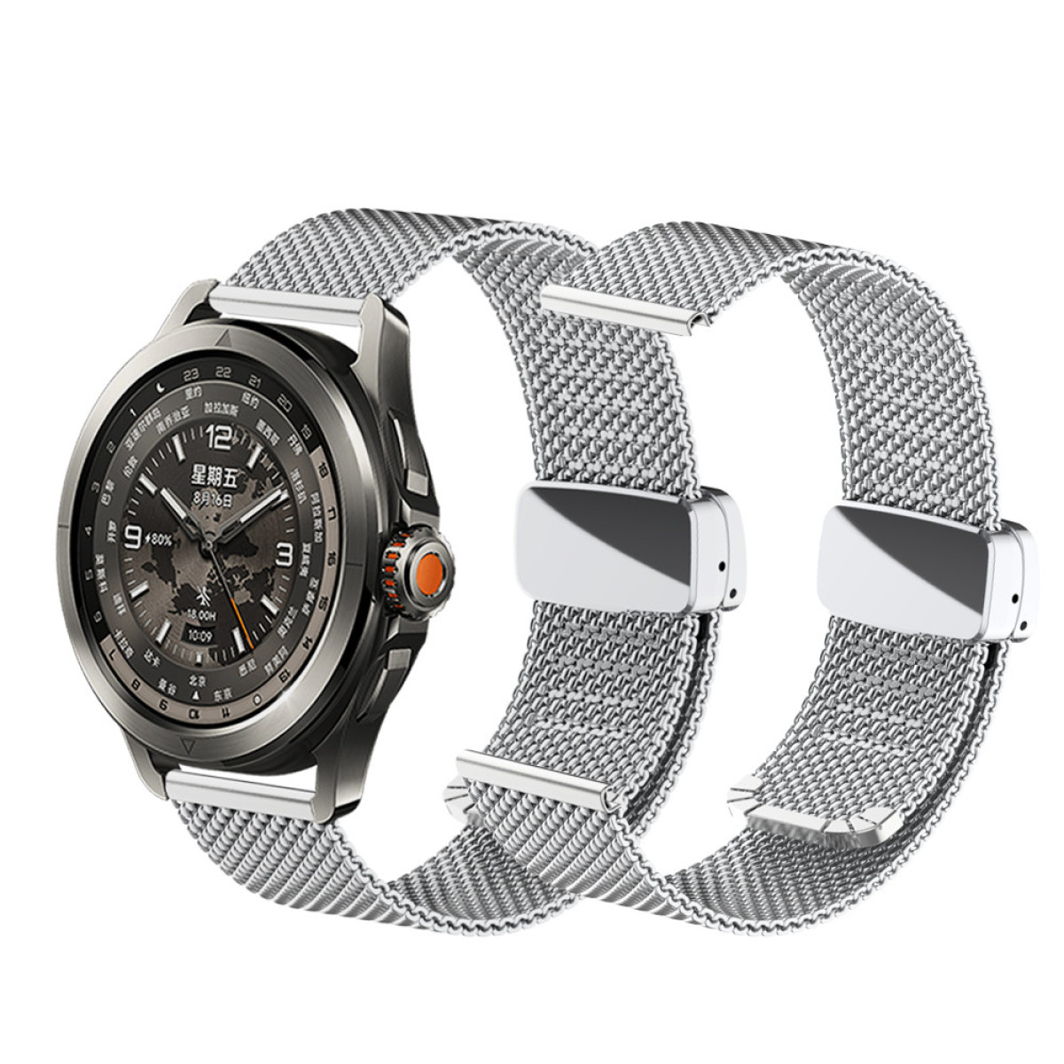 Silberne Uhr mit Metallarmband, das Zifferblatt zeigend. Silberne Metallbänder an der Seite.