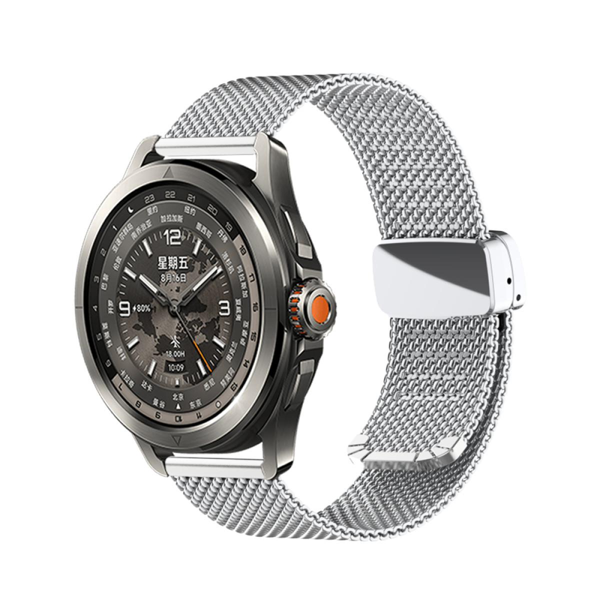 Eine silberne Smartwatch mit einem Mesh-Armband. Das Zifferblatt zeigt Zeit-, Datums- und Stadtinformationen an.