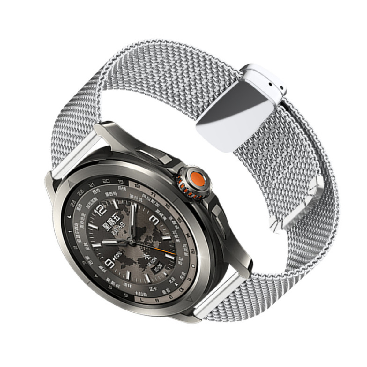 Eine silberne Smartwatch mit Mesh-Armband. Das Zifferblatt zeigt Zahlen und eine Weltkarte.