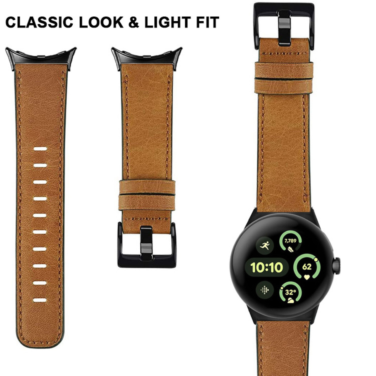 Smartwatch z brązowym skórzanym paskiem i dwoma elementami paska. Pasek ma klasyczny wygląd.