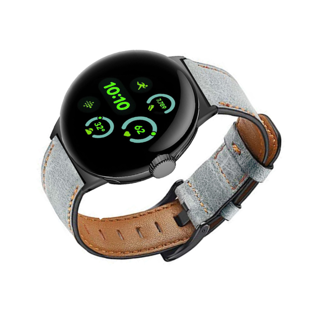 Smartwatch con cassa nera e cinturino azzurro. Mostra ora e dati sanitari.