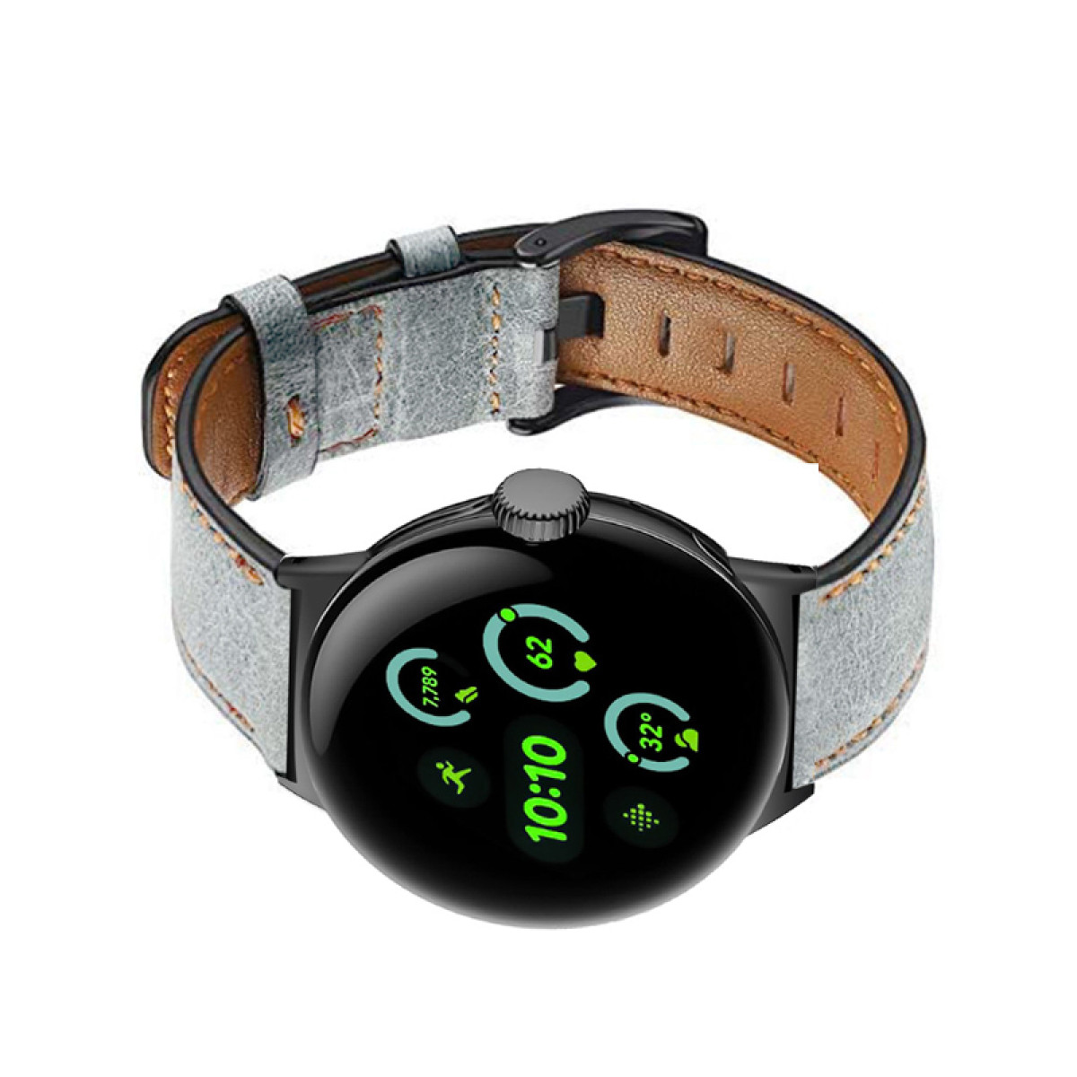 Smartwatch nero con cinturino in pelle grigia. Lo schermo mostra ora, passi, frequenza cardiaca e temperatura.