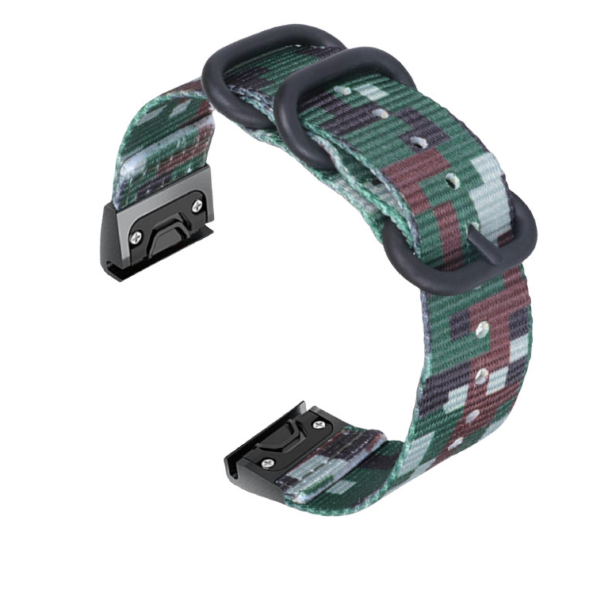 Ein Uhrenarmband mit Tarnmuster. Das Armband ist grün, braun und grau. Es hat schwarze Metallschnallen.