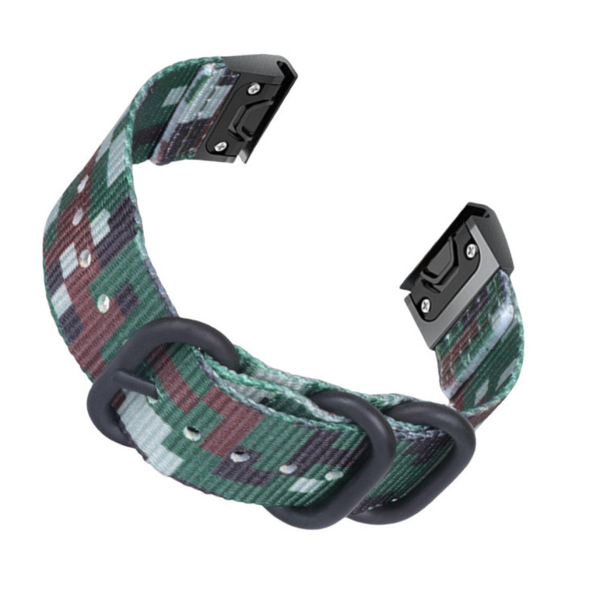 Grünes, braunes und weißes Camouflage-Armband mit schwarzen Schnallen und Ringen.