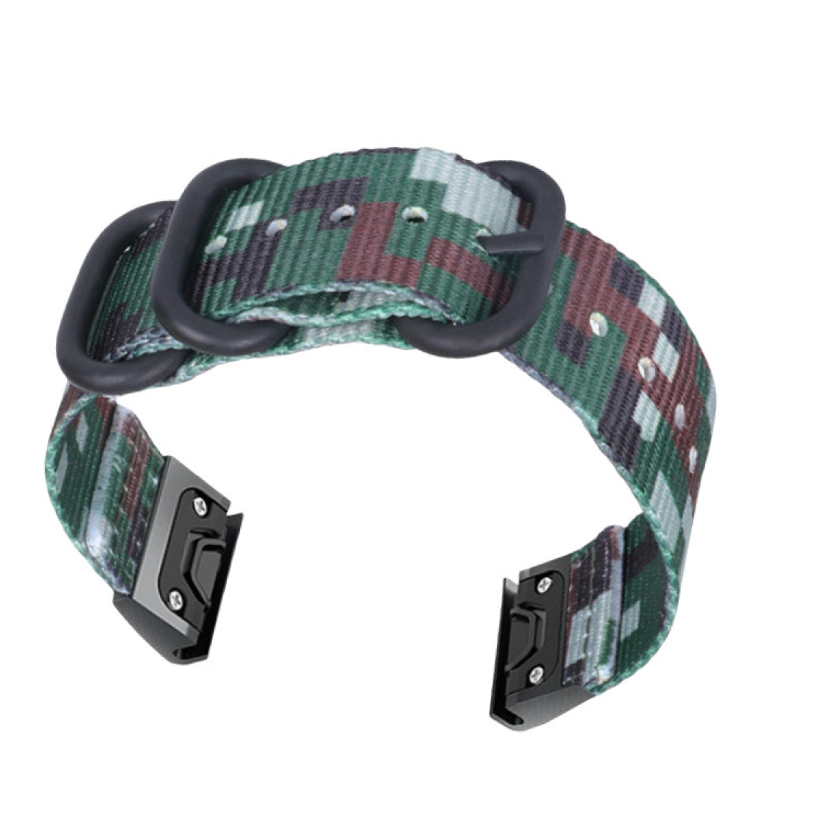 Tarnmuster Uhrenarmband mit schwarzer Schnalle und Anschlüssen.