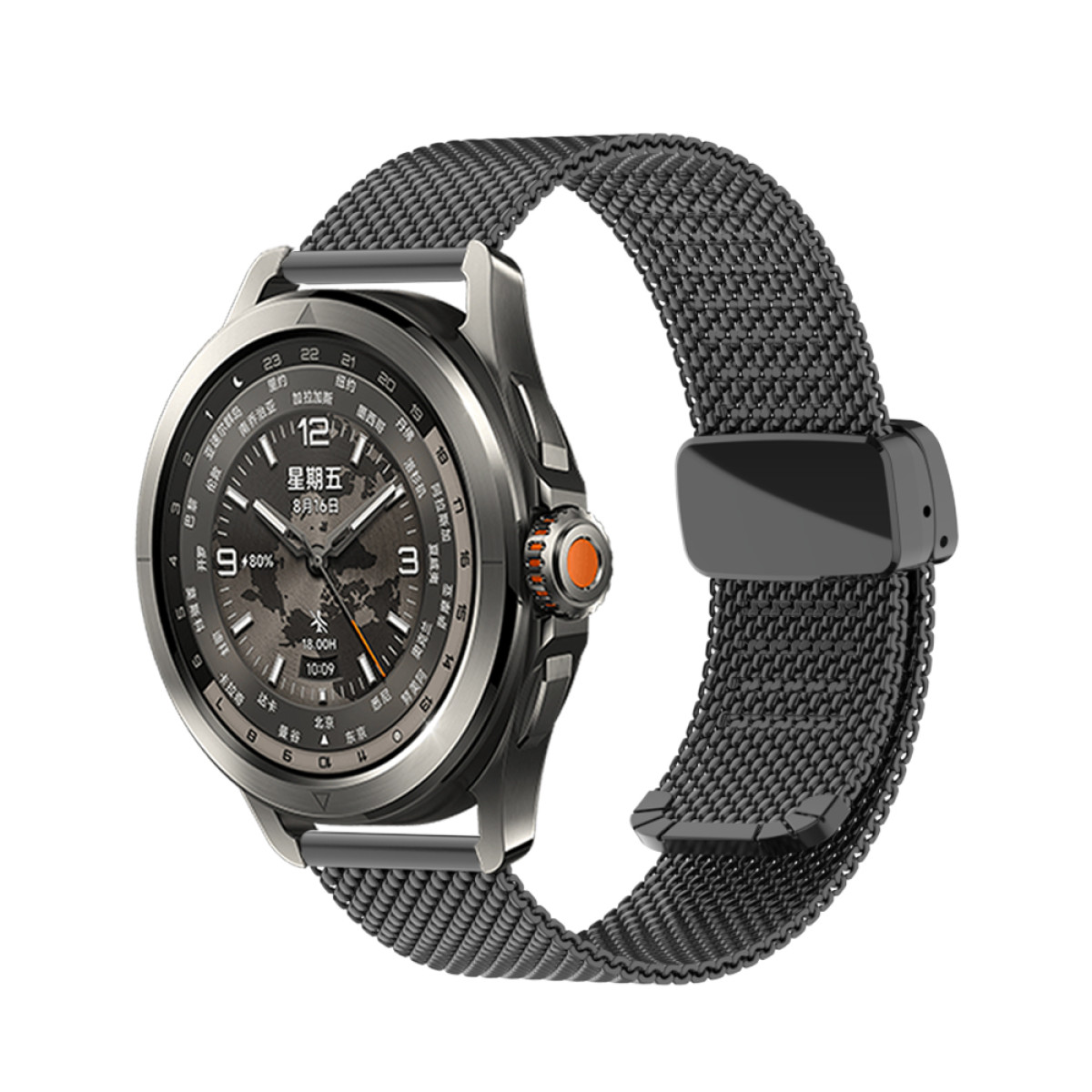 Eine silberne Smartwatch mit dunklem Armband und Datums- und Zeitanzeige auf dem Bildschirm.