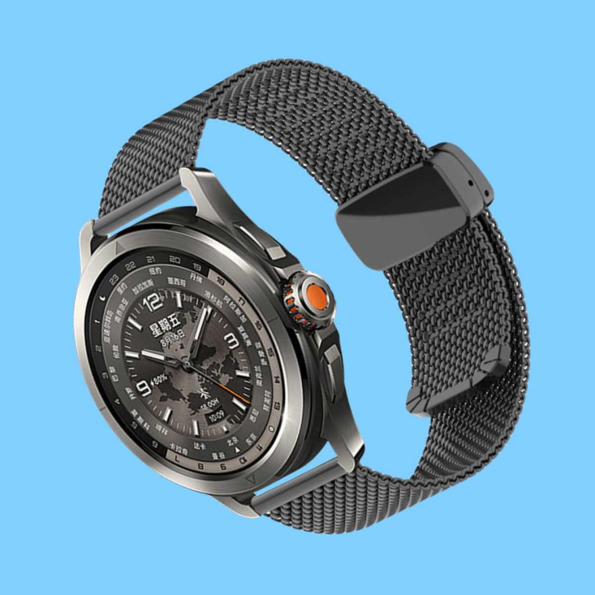 Eine silberne und schwarze Smartwatch mit dunklem Display und Mesh-Armband.