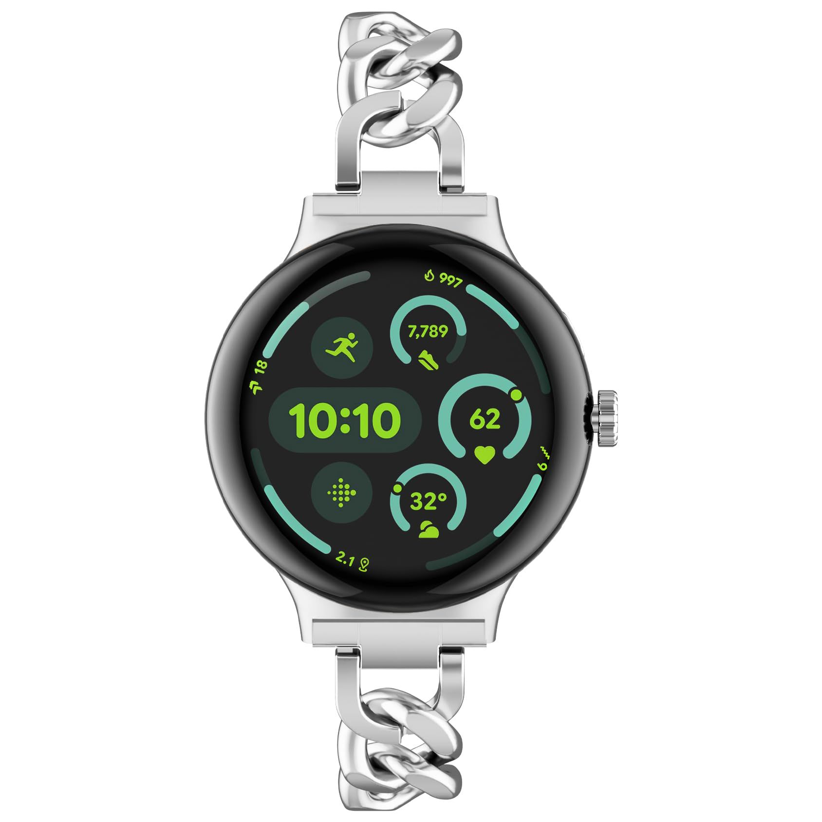 Uno smartwatch argentato con cinturino a catena, che mostra l'ora, la frequenza cardiaca e altri dati.