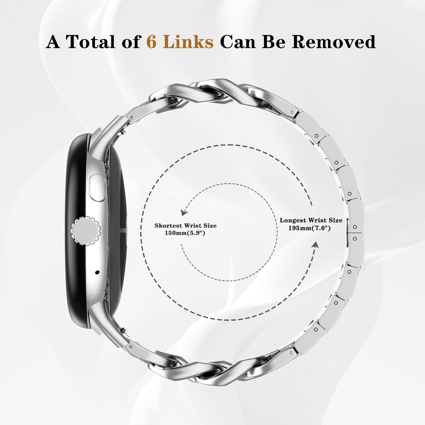 Orologio argentato con quadrante nero. Il cinturino è argentato con la scritta "A Total of 6 Links Can Be Removed".