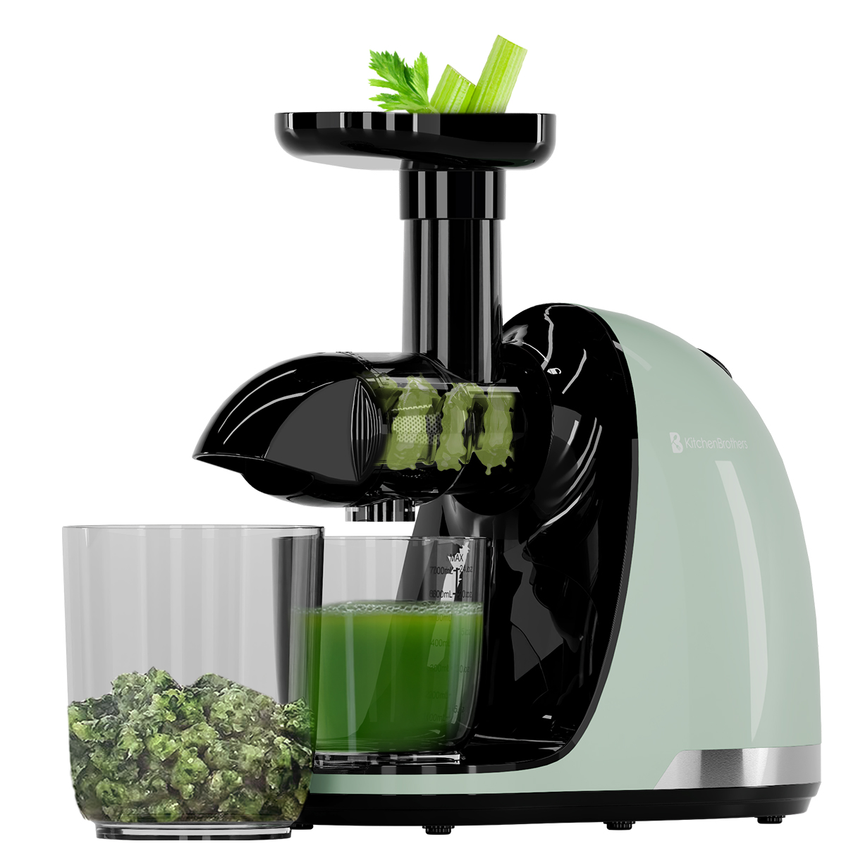 A green juicer with celery and juice glasses, isolated on a white background.