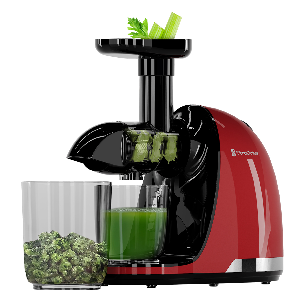 A red and black juicer with two glasses, one with juice, and another with pulp.