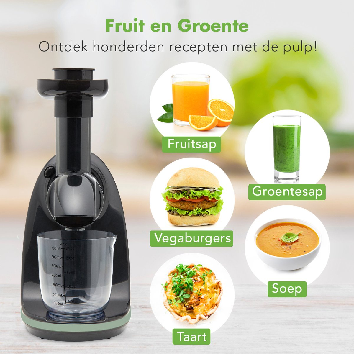 Juicer with different juice recipes: juice, soup, burger, and tart.