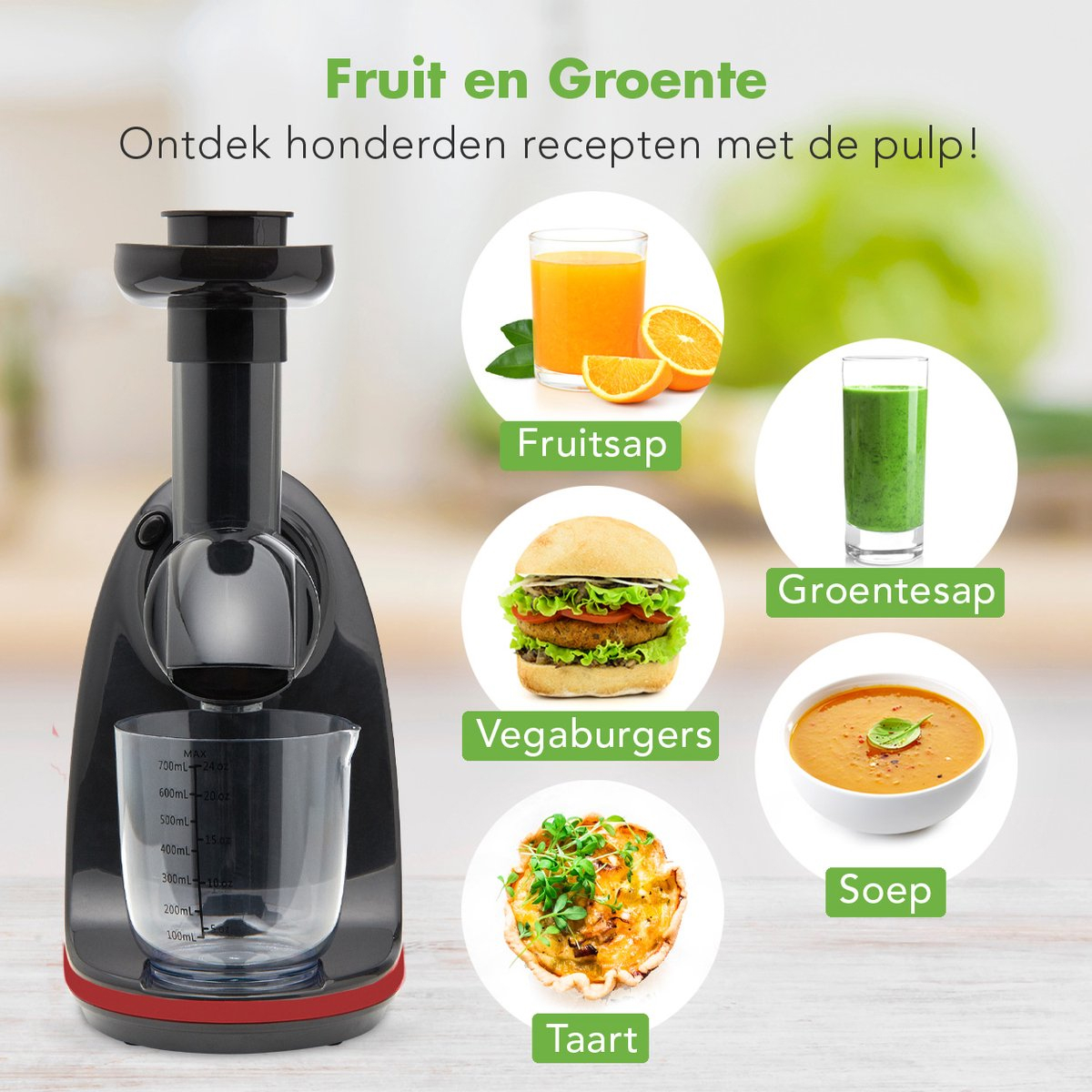 A juicer with various dishes of fruit and vegetables, including juice and soup.