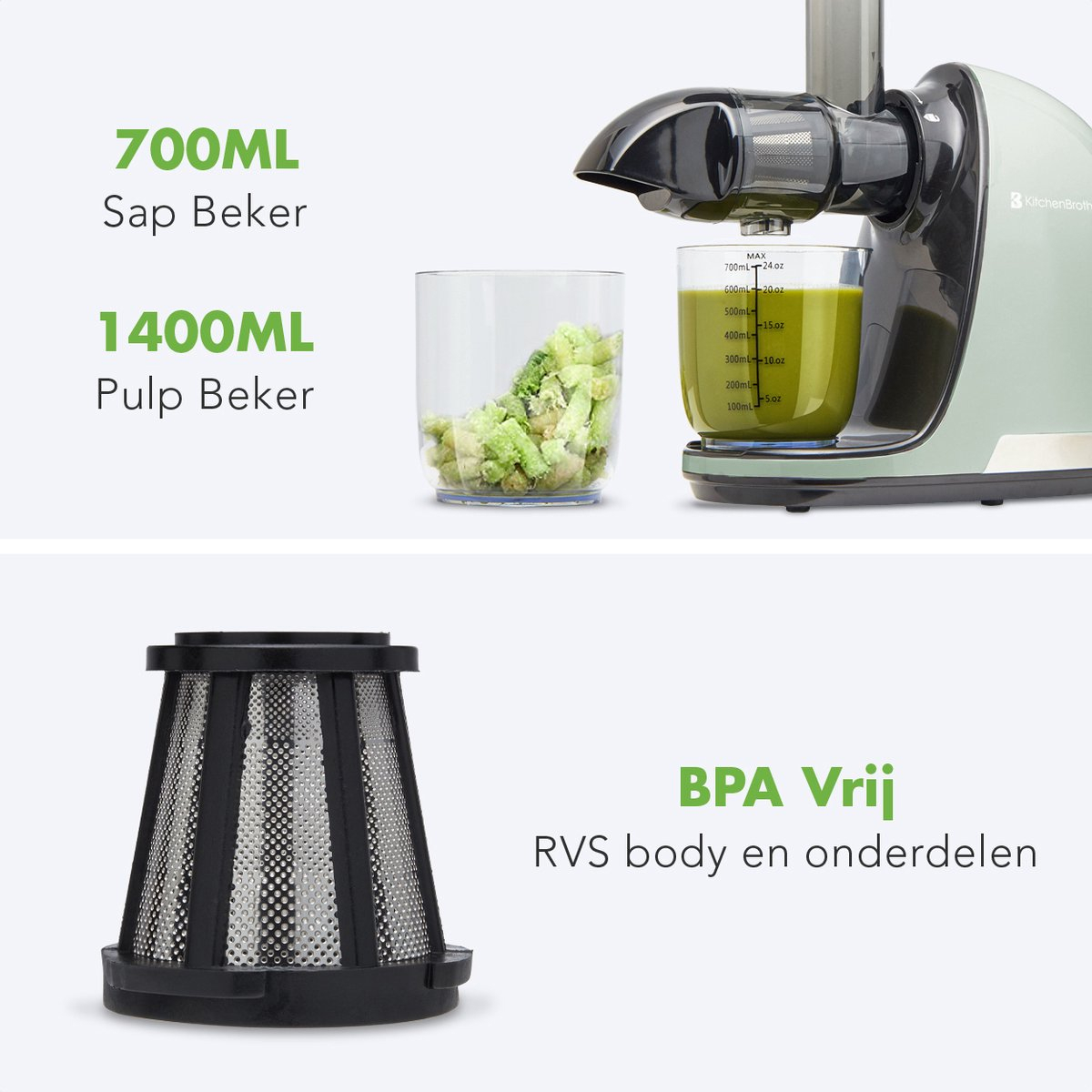 A juicer machine with two beakers. One with pulp and one with juice. Texts are visible.