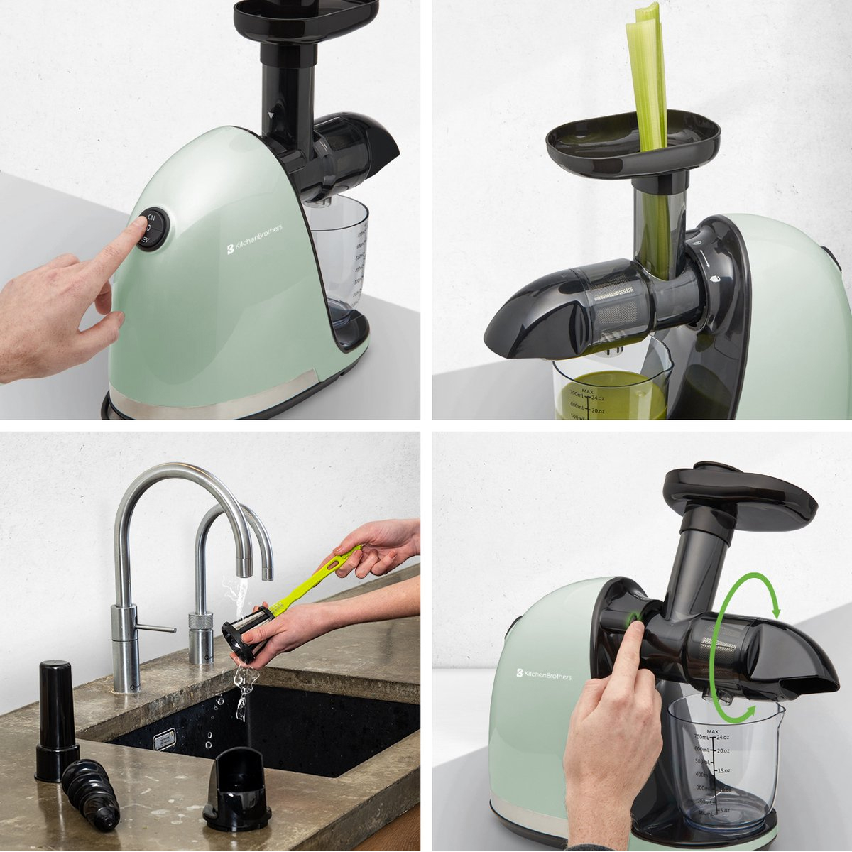 Juicer in use; hand pushing button, celery being added, cleaning.