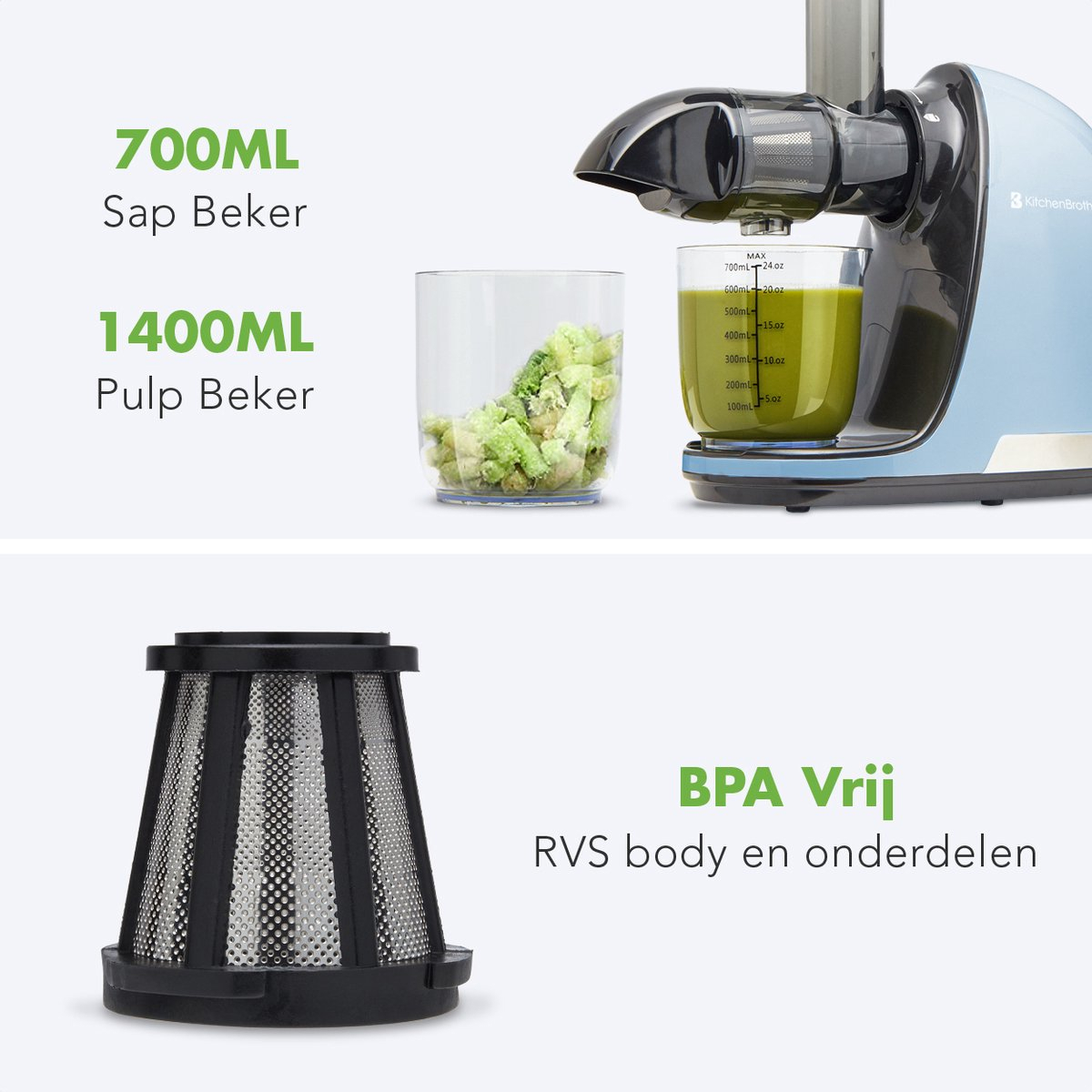 Entsafter mit Etiketten, die Kapazität und BPA-freie Teile zeigen.