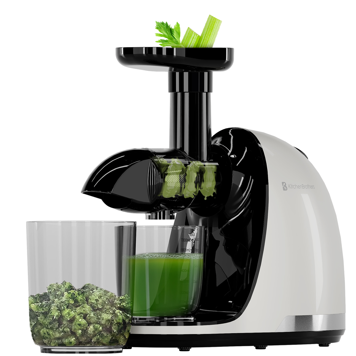 White and black juicer with juiced celery in glass, celery stalks visible.