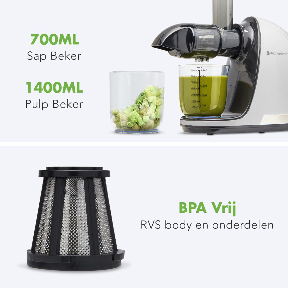 A juicer with juice and pulp containers, a filter, and text labels on a white background.