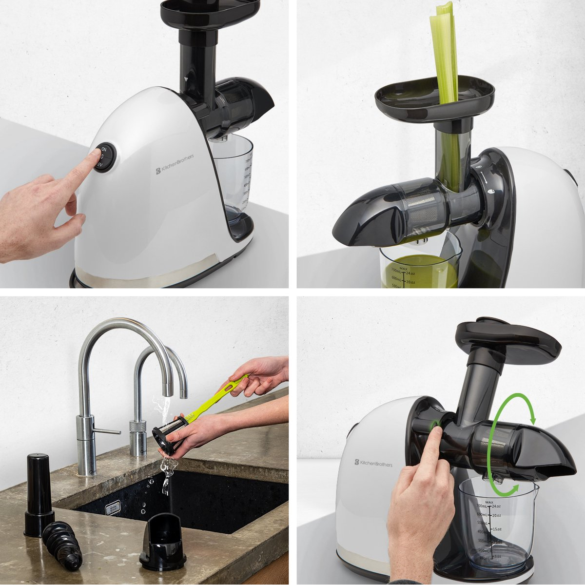 Juice extractor, white and black, in use. A person is inserting celery.