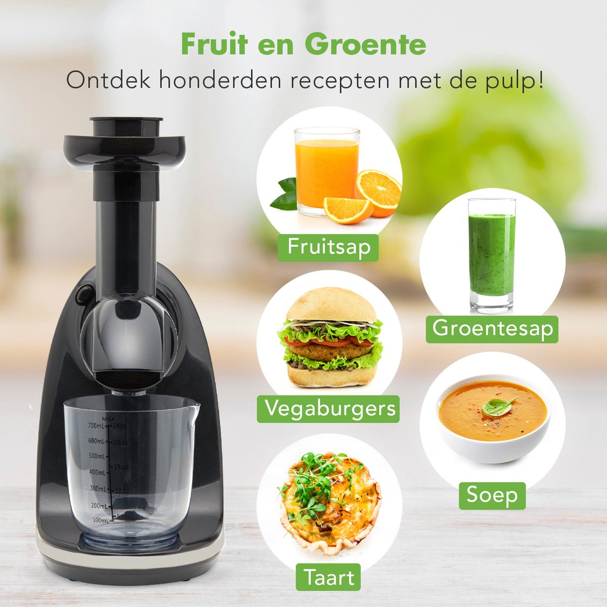 A juicer with different juice recipes: orange juice, green juice, soup, etc.