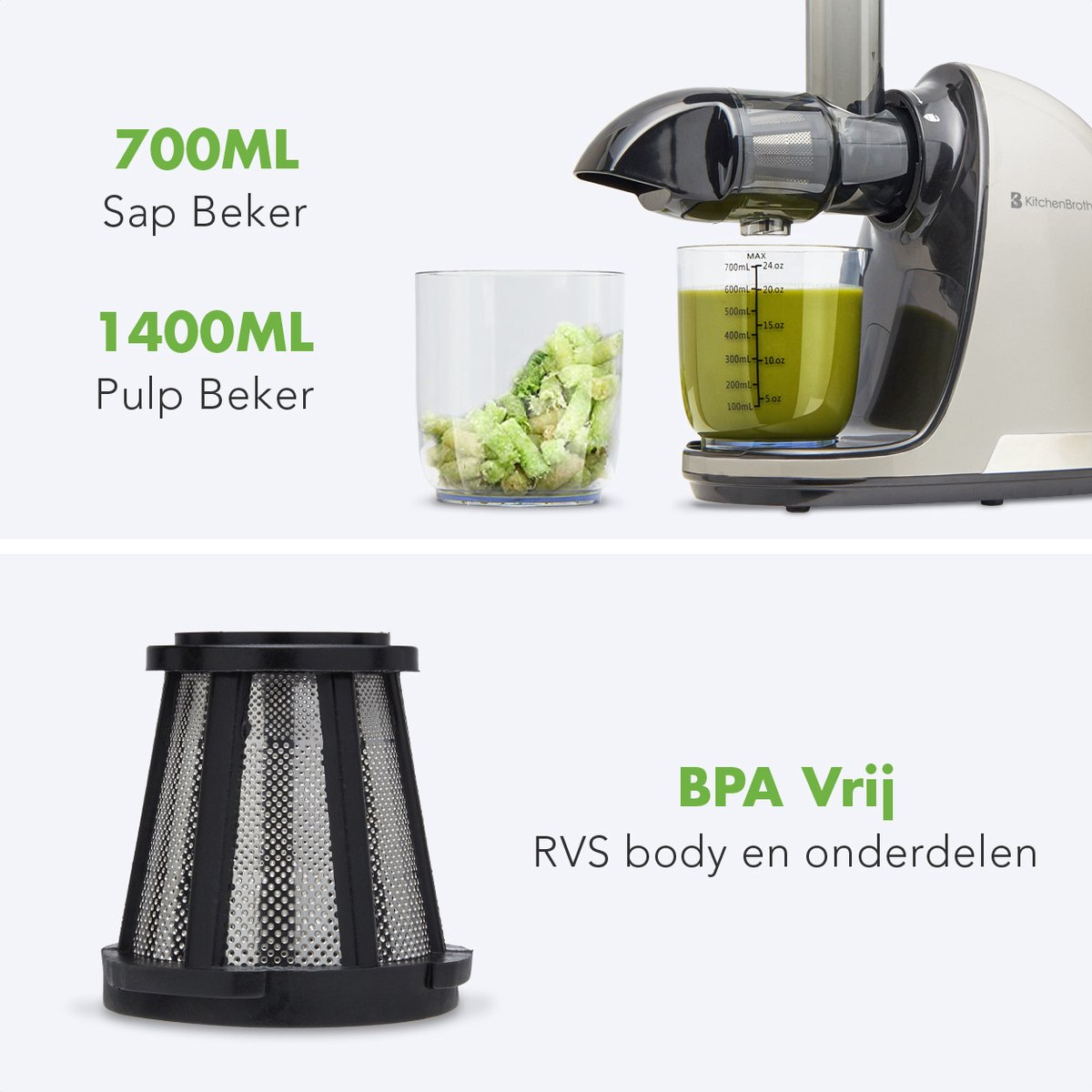 Juicer in use, with celery juice. Text: 700ML Sap Beker, 1400ML Pulp Beker.