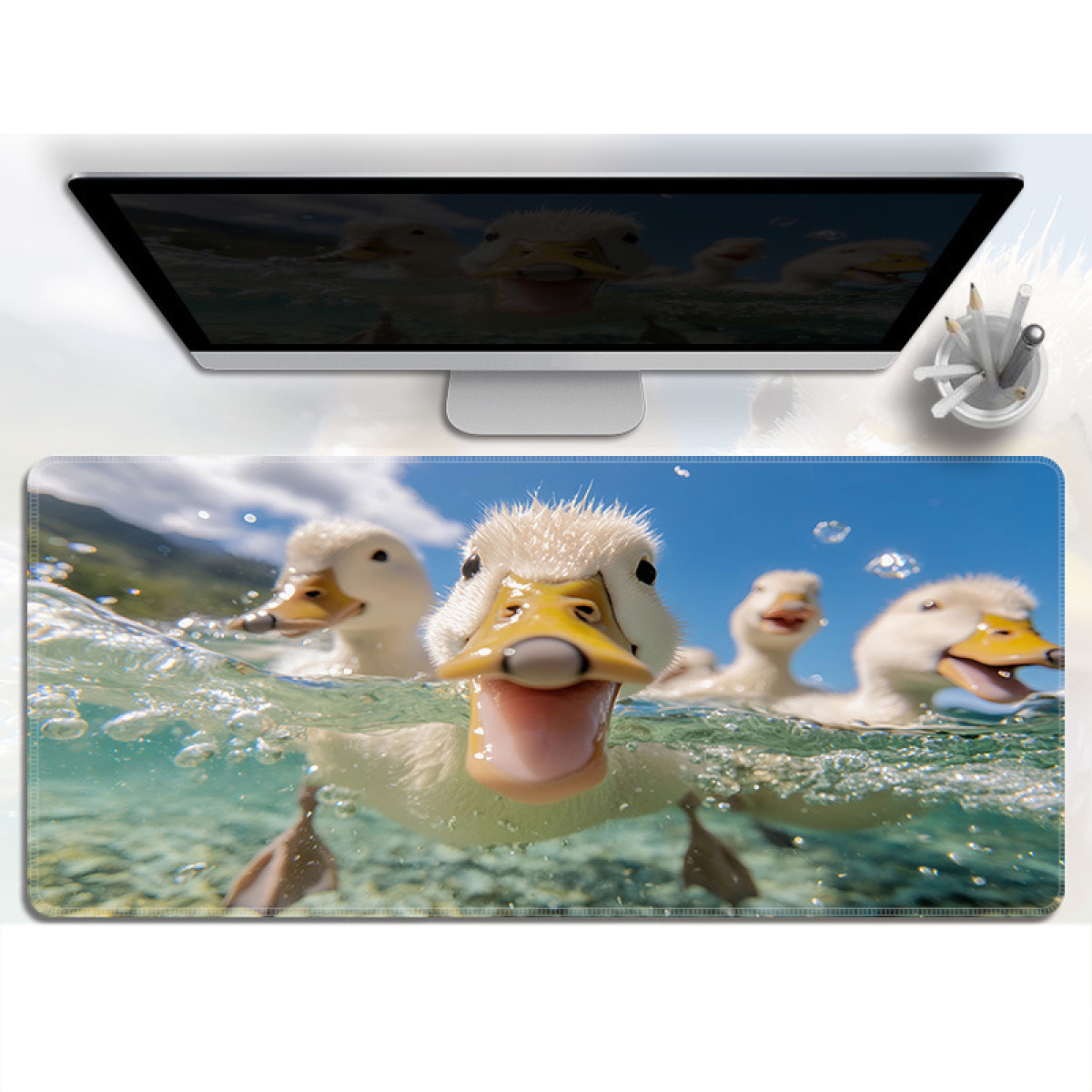 Ein Computermonitor zeigt ein Mousepad mit Enten im Wasser. Die Enten lächeln.