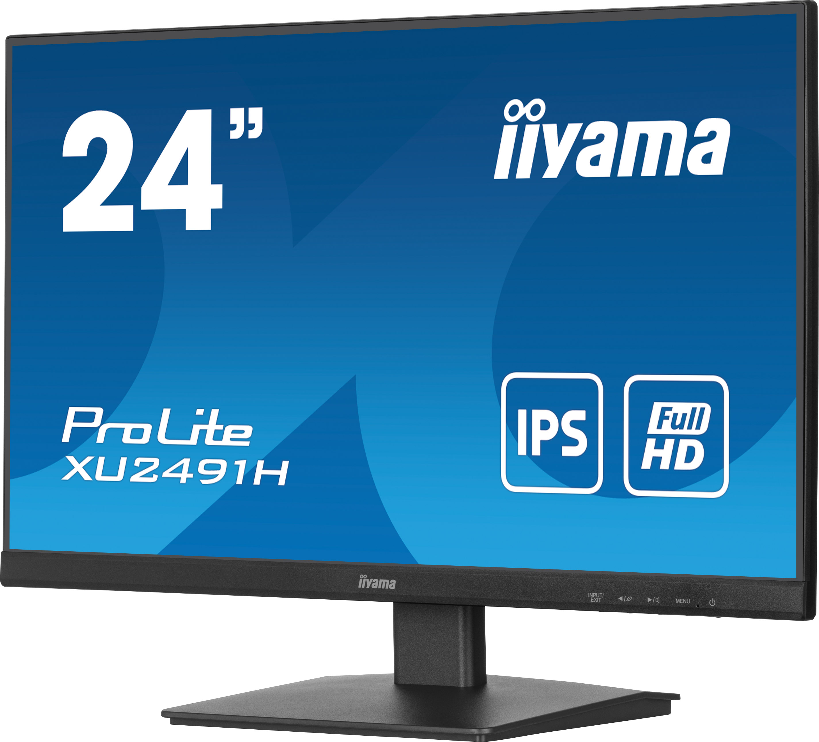 Monitor 24" iiyama. Czarna ramka, niebieski ekran z tekstem i logo.