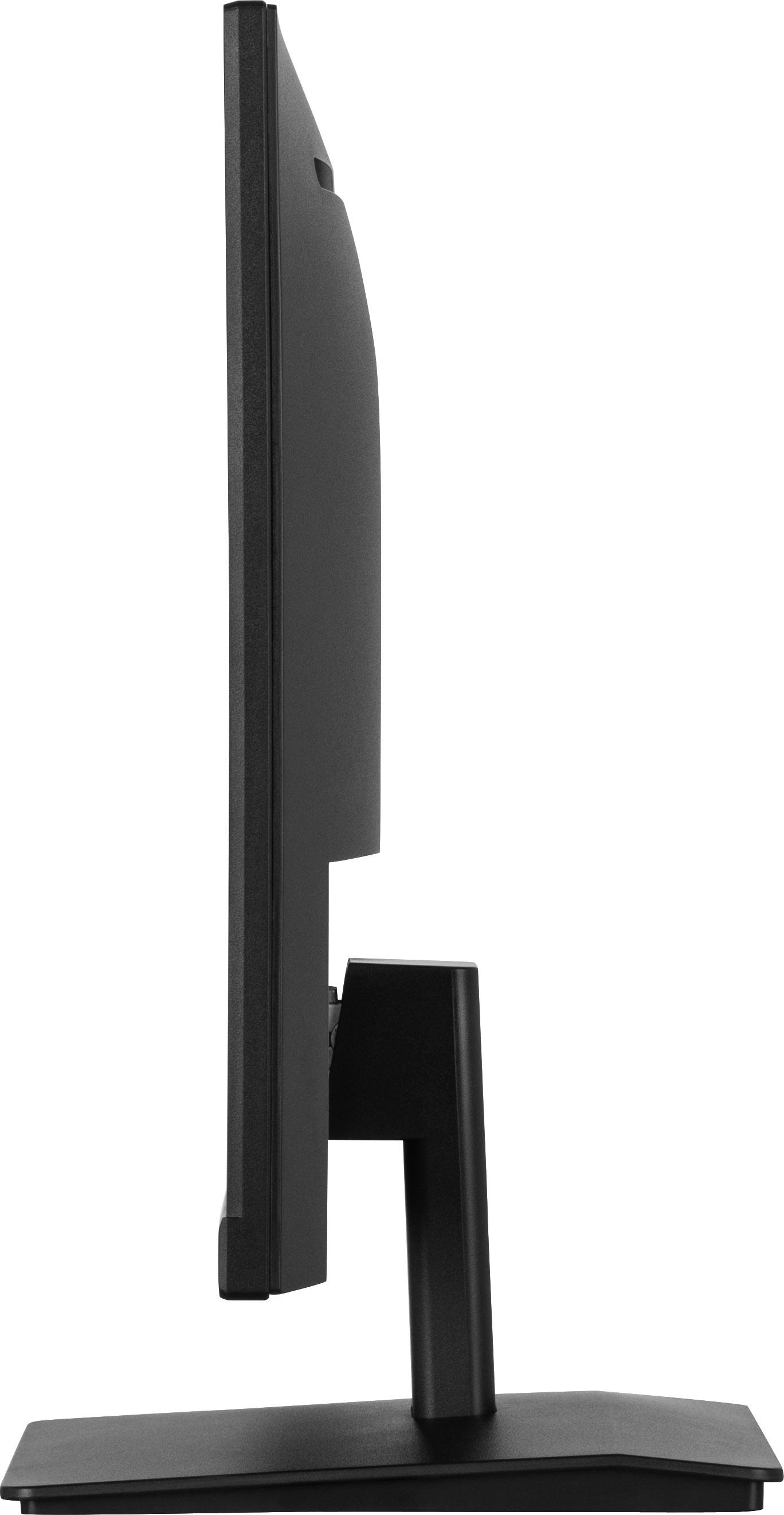 Czarny monitor komputera w profilu. Jest na podstawce na białym tle.