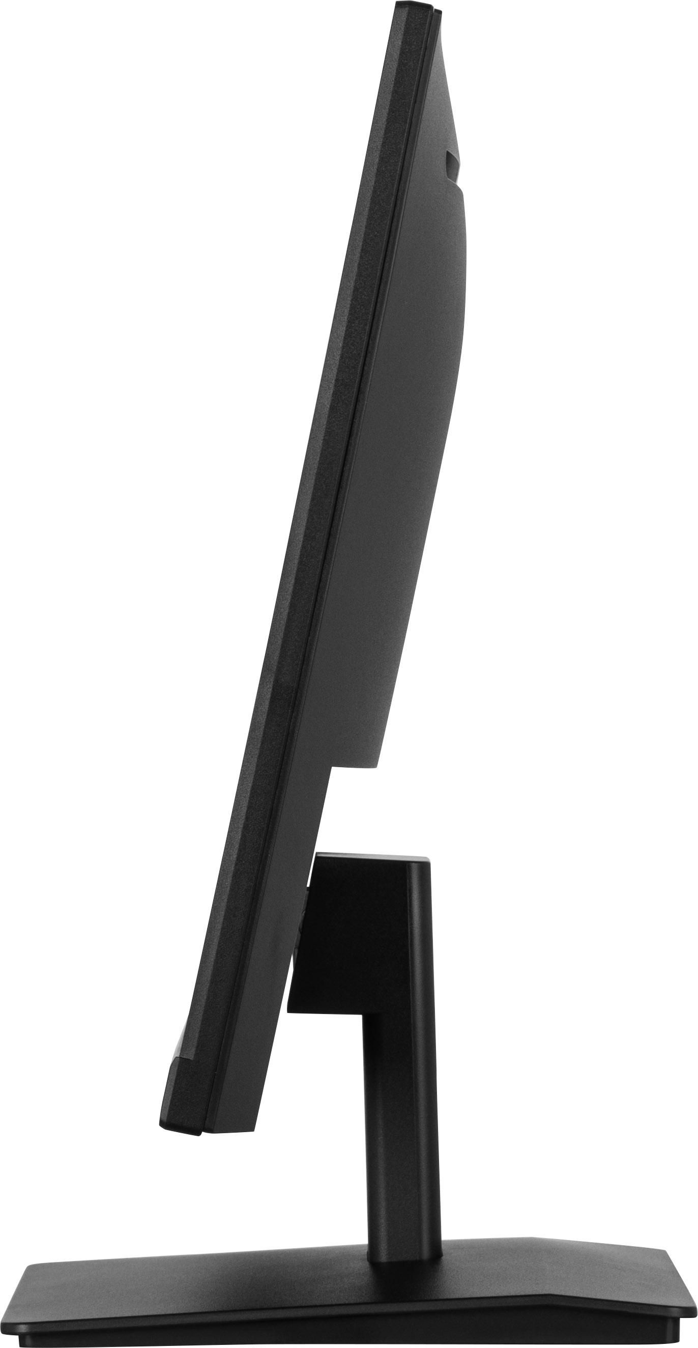 Czarny monitor komputerowy, widok z boku, ze stojakiem. Smukła konstrukcja.