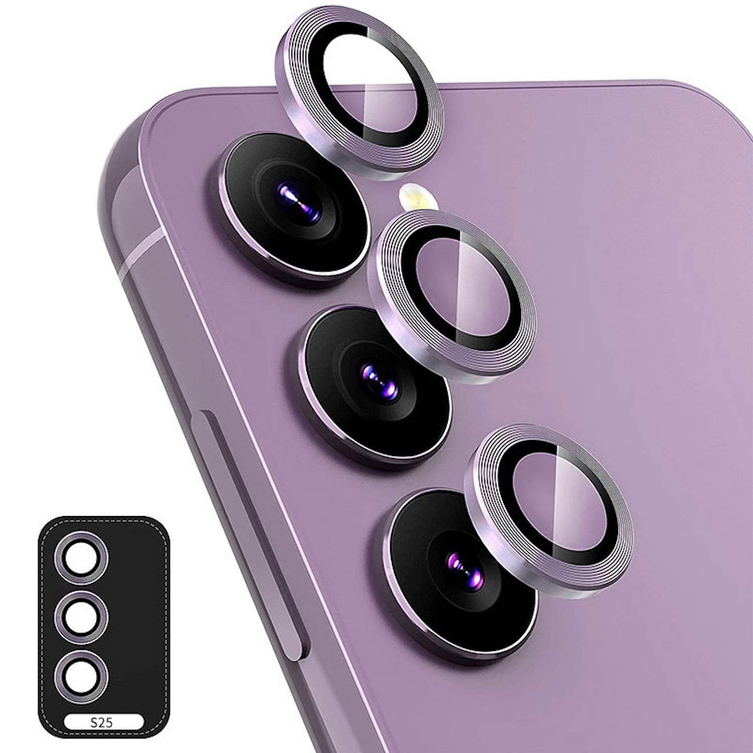 Telefono viola con protezioni per lenti della fotocamera. Le protezioni hanno anelli argentati.