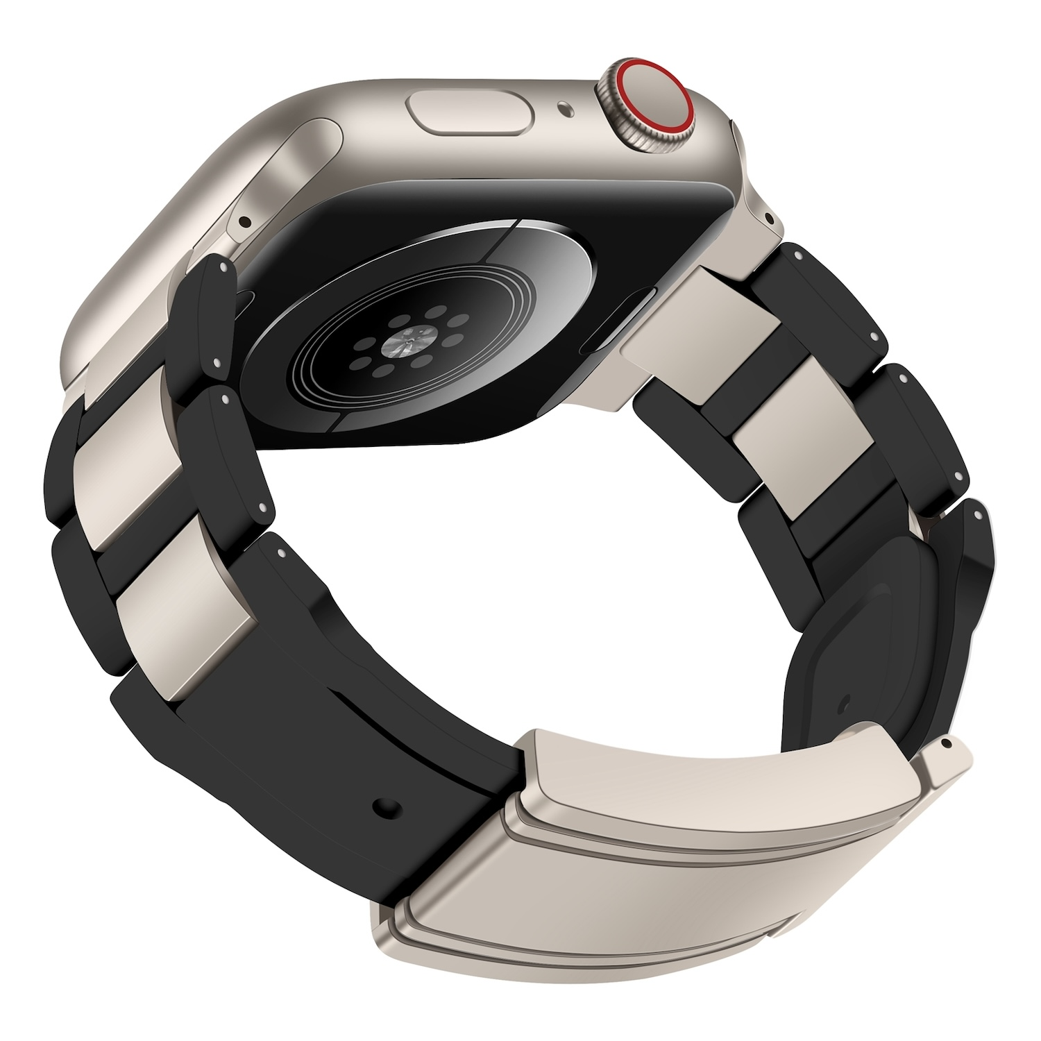 Eine silberne und schwarze Smartwatch mit einem schwarz-weißen Armband.